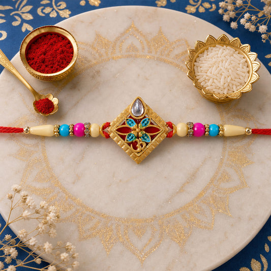 Diamond Shape Rakhi with intricate stone embellishments and vibrant multicolor beads.