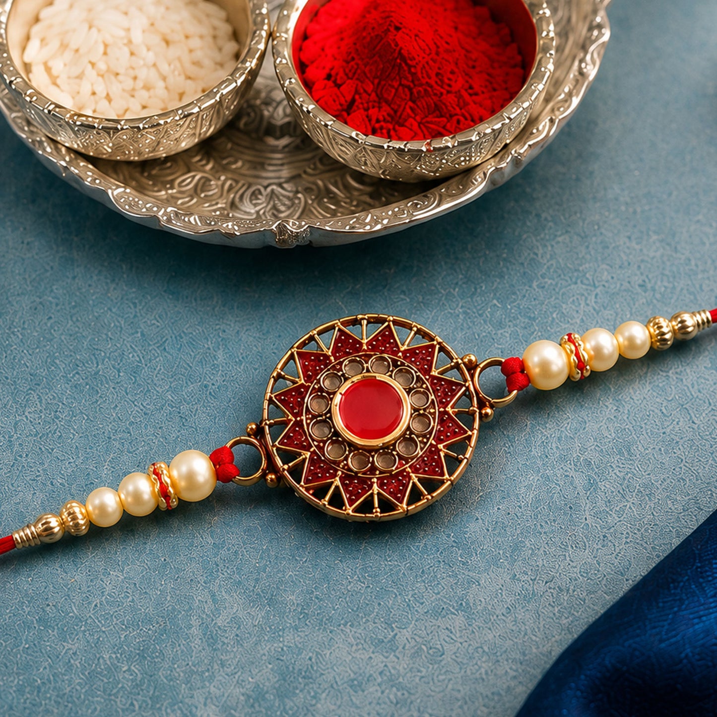 Premium Traditional Rakhi – Red Stone & Pearl Beads Elegant Design