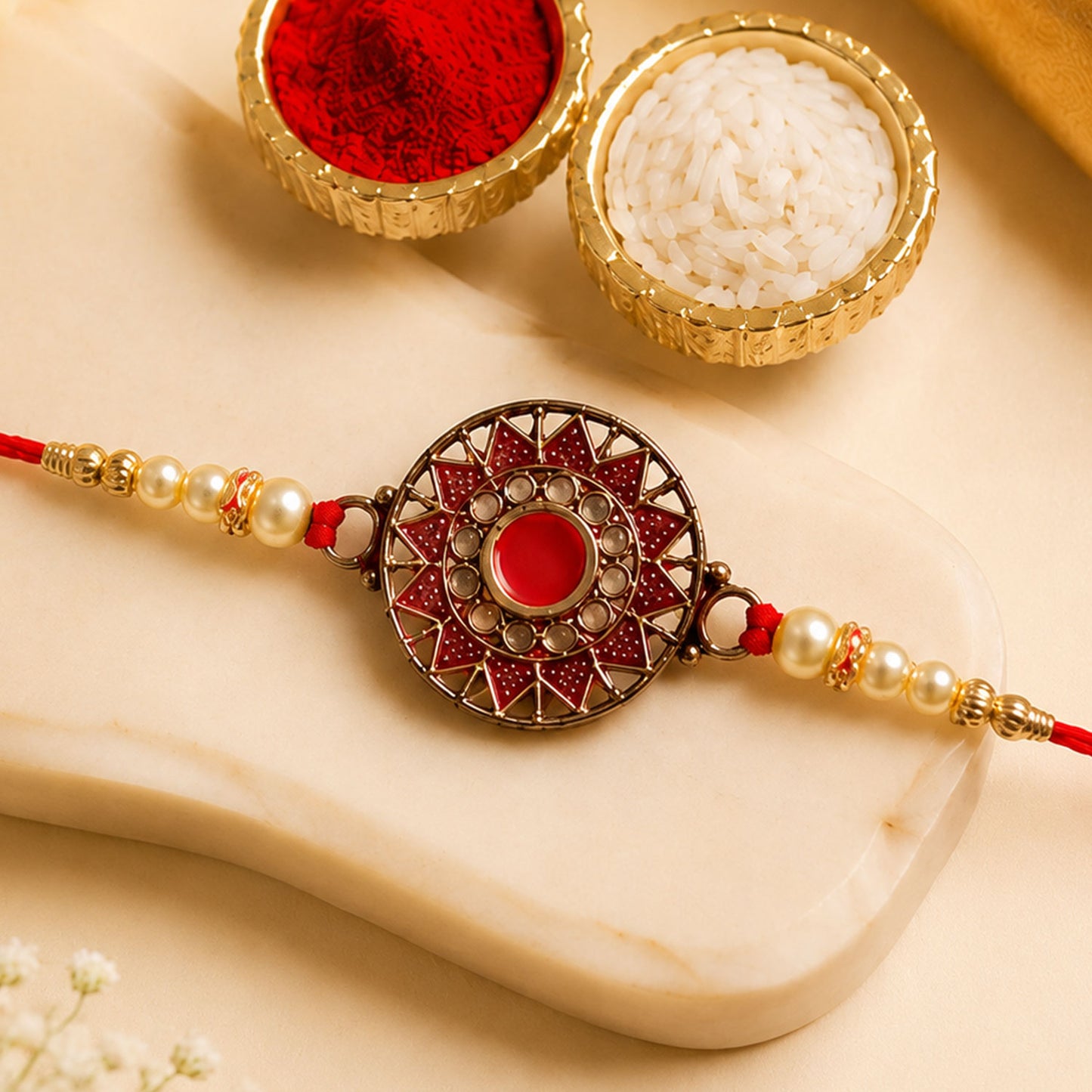 Premium Traditional Rakhi – Red Stone & Pearl Beads Elegant Design