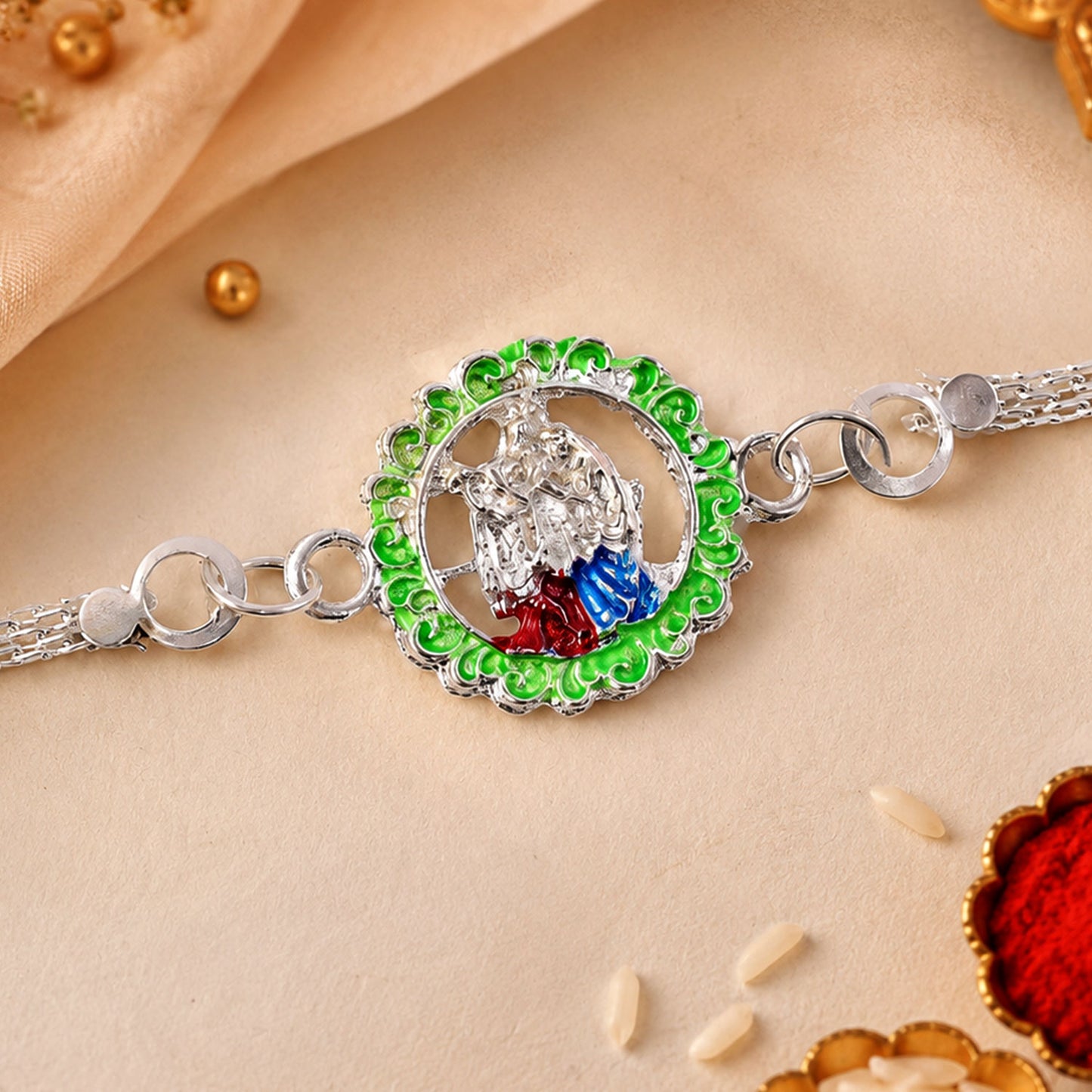 Radha Krishna Rakhi – Elegant Silver Chain Design