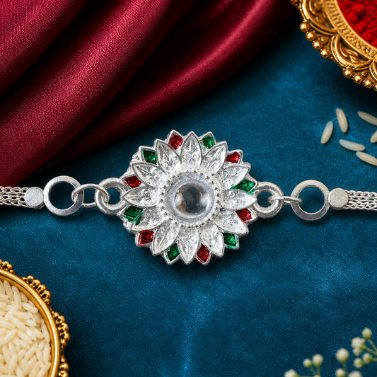 Silver Rakhi – Elegant Meenakari Floral Design for Brother