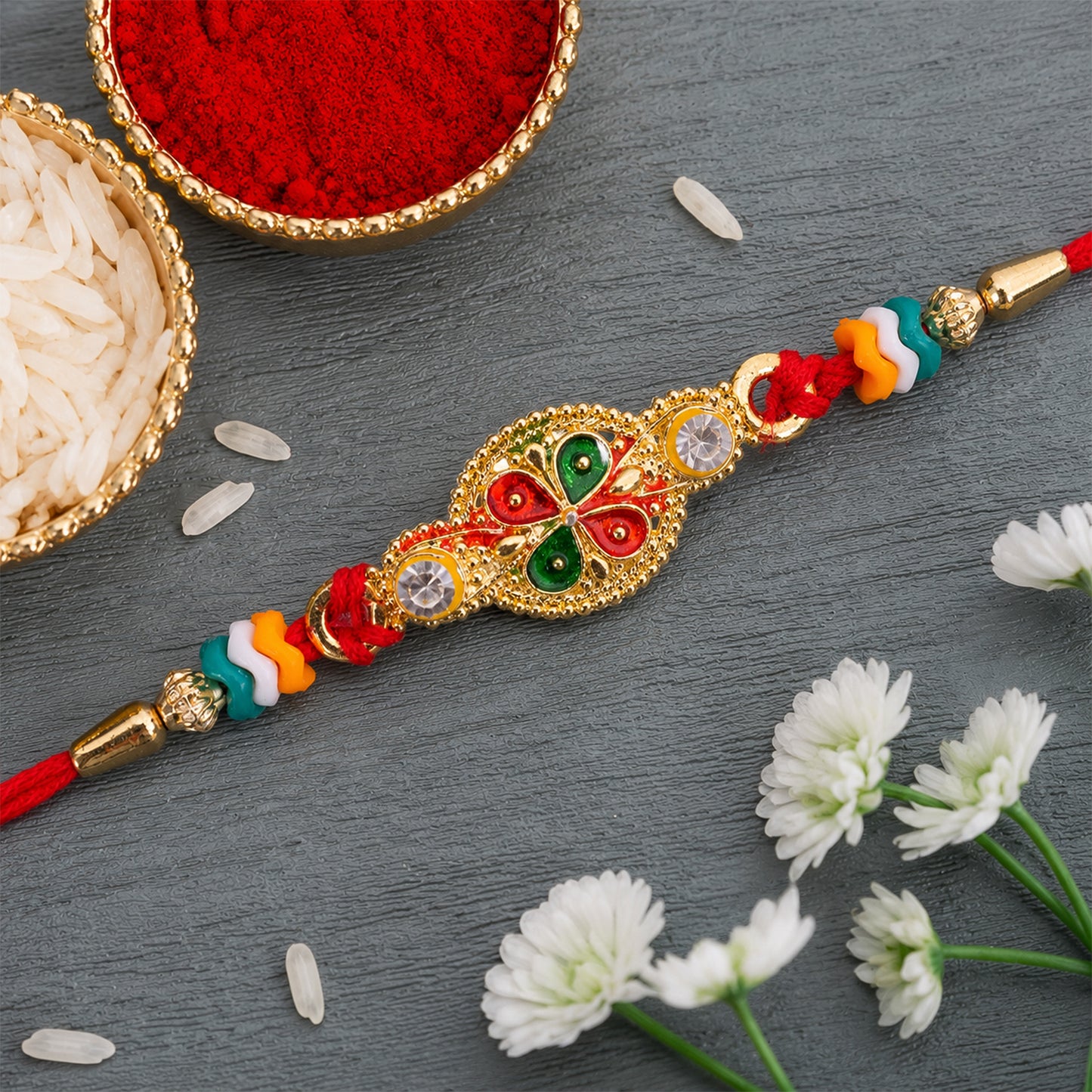 Floral Leaf Motif Beaded Rakhi with Pearl Accent Center Design