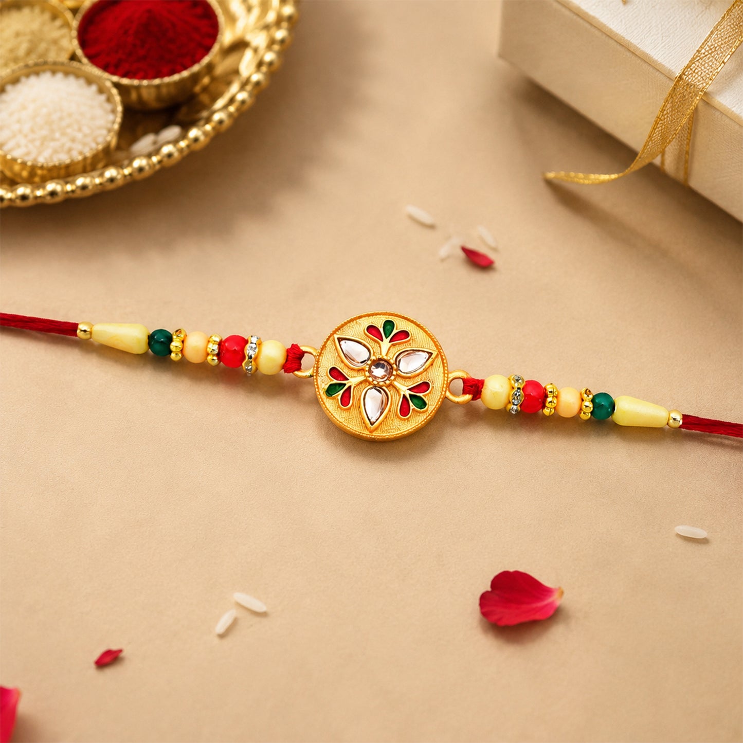 Sacred Kalash Design Rakhi with Embellished Beads and Red Thread