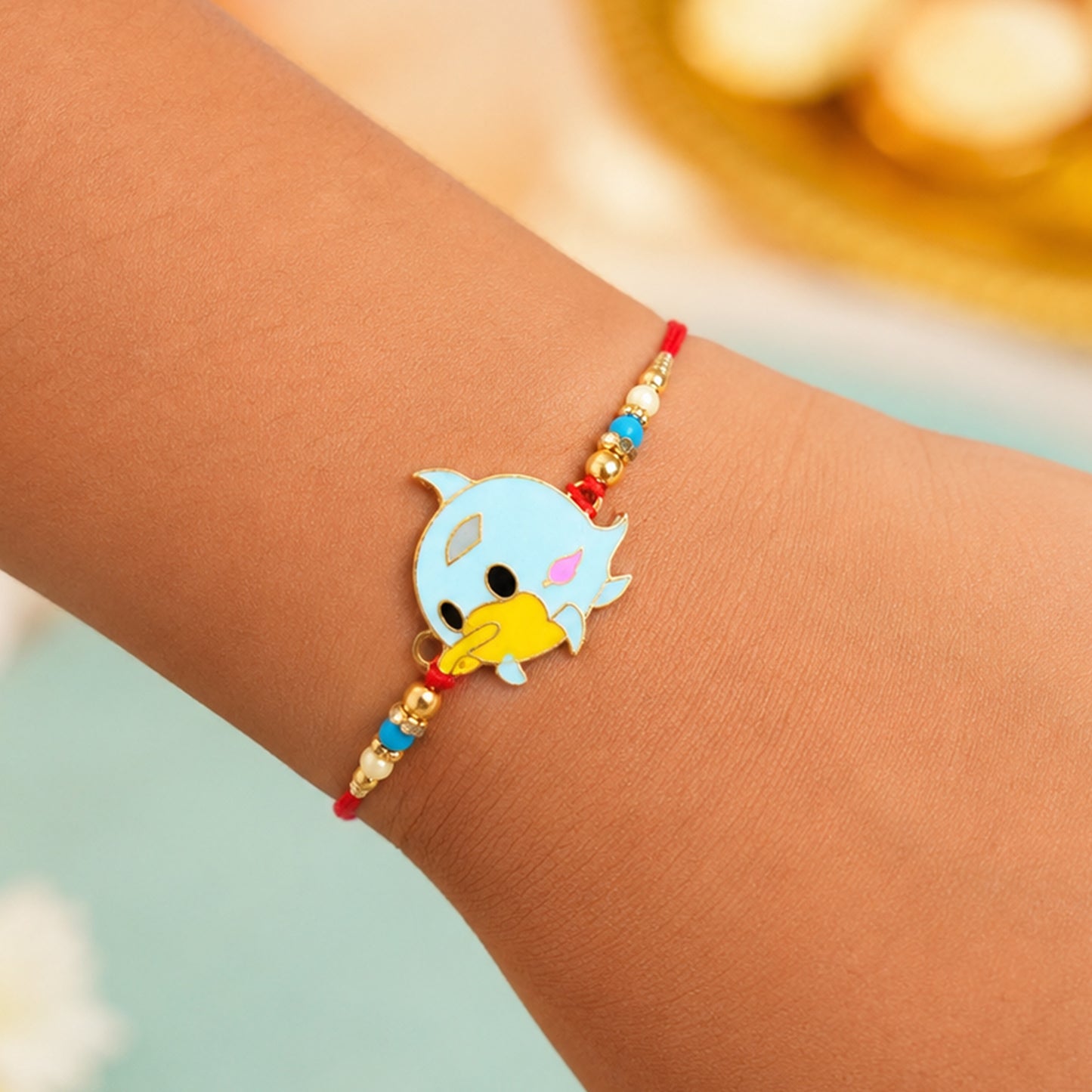 Close up view of the traditional threadwork Rakshabandhan Rakhi.