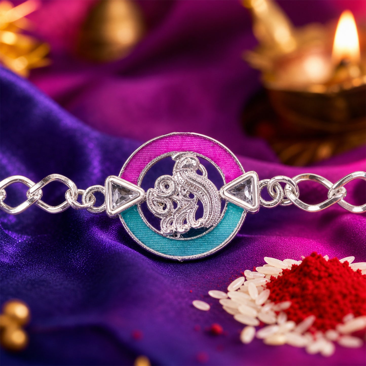 Designer Rakhi Round Om Peacock Motif Crystal Chain