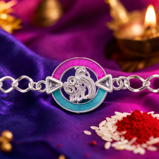 Designer Rakhi Round Om Peacock Motif Crystal Chain