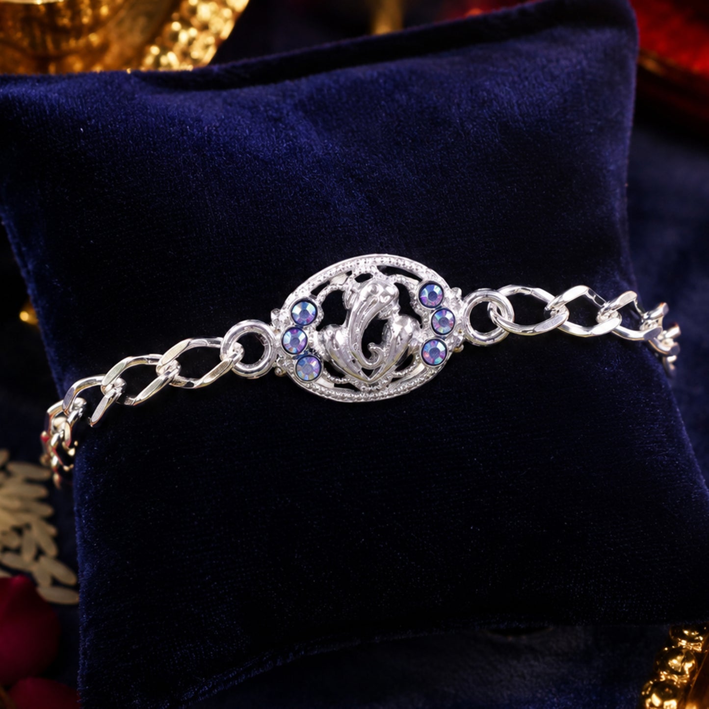 Premium Silver Ganesha Rakhi with Stones Chain Bracelet for Brother (1 Pc)