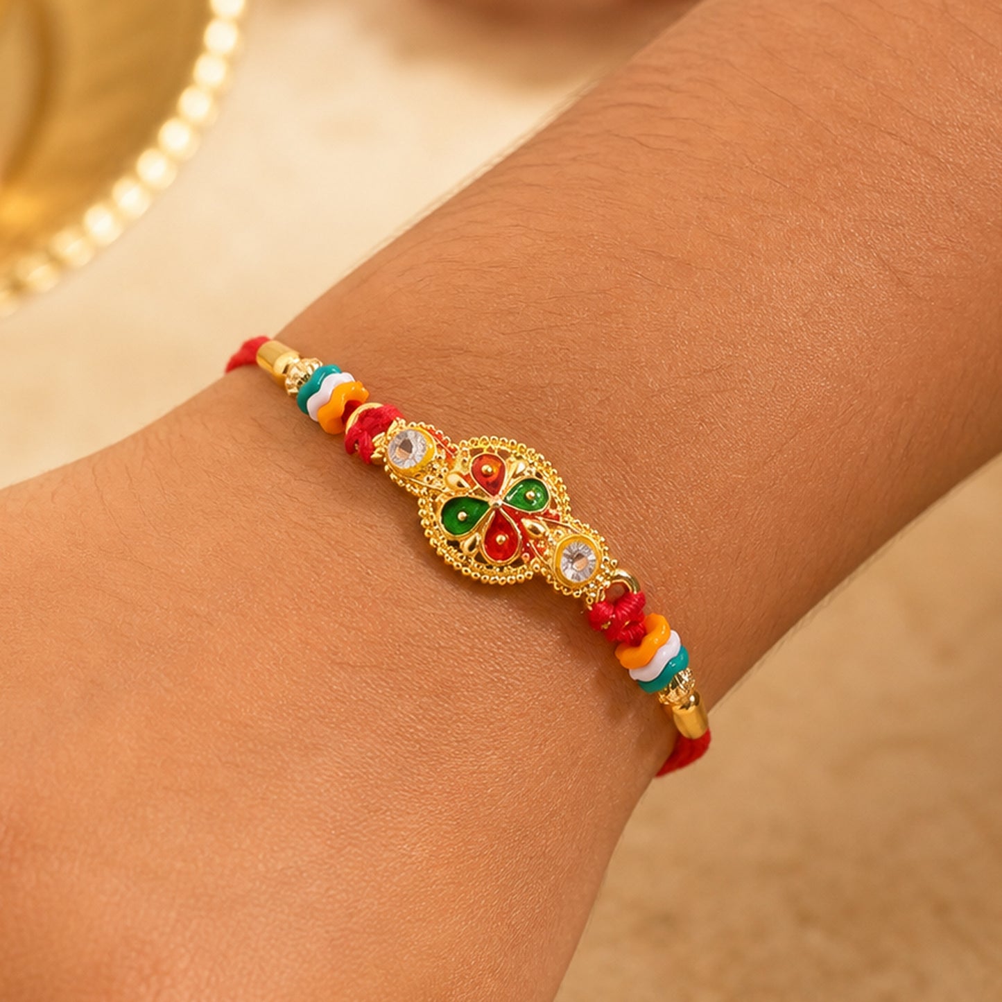 Floral Leaf Motif Beaded Rakhi with Pearl Accent Center Design