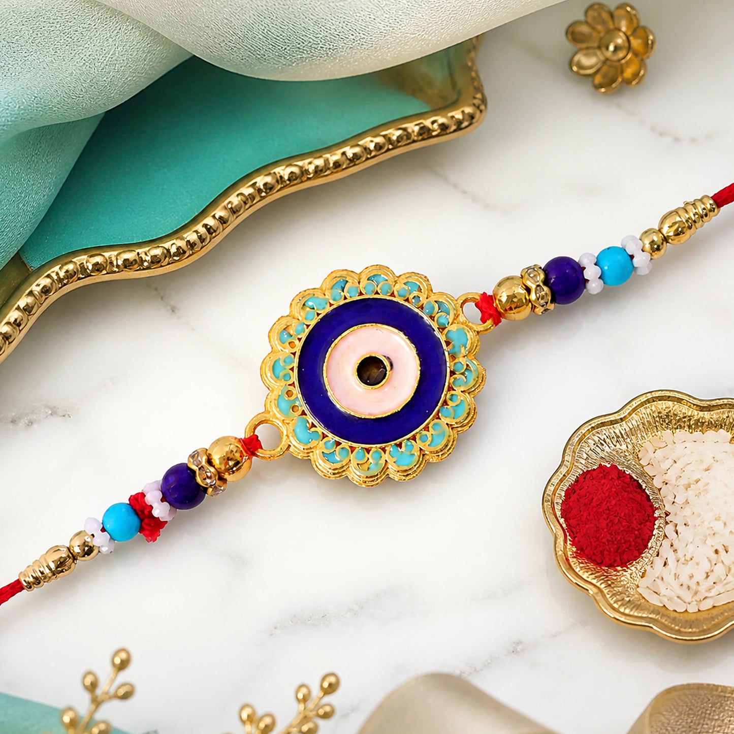 Evil Eye Rakhi – Stylish Beads with Golden Accents for Protection