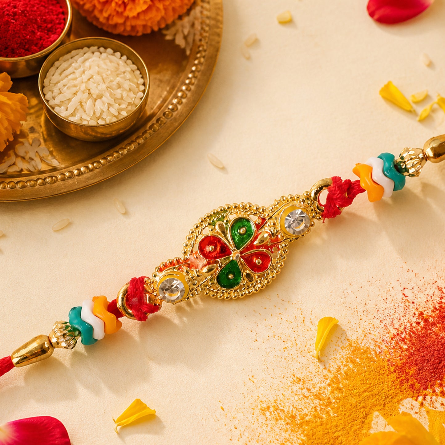 Floral Leaf Motif Beaded Rakhi with Pearl Accent Center Design