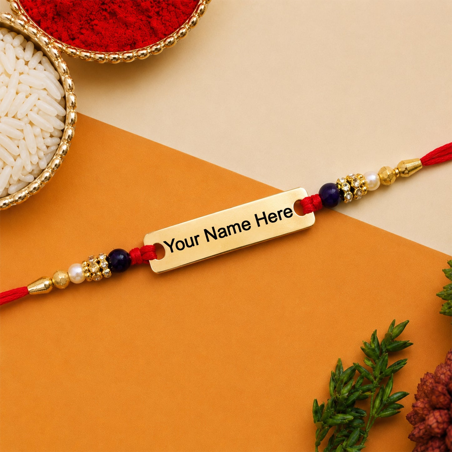 Customized Name Rakhi Personalised Golden Finish Plate for Brother (1 Pc)