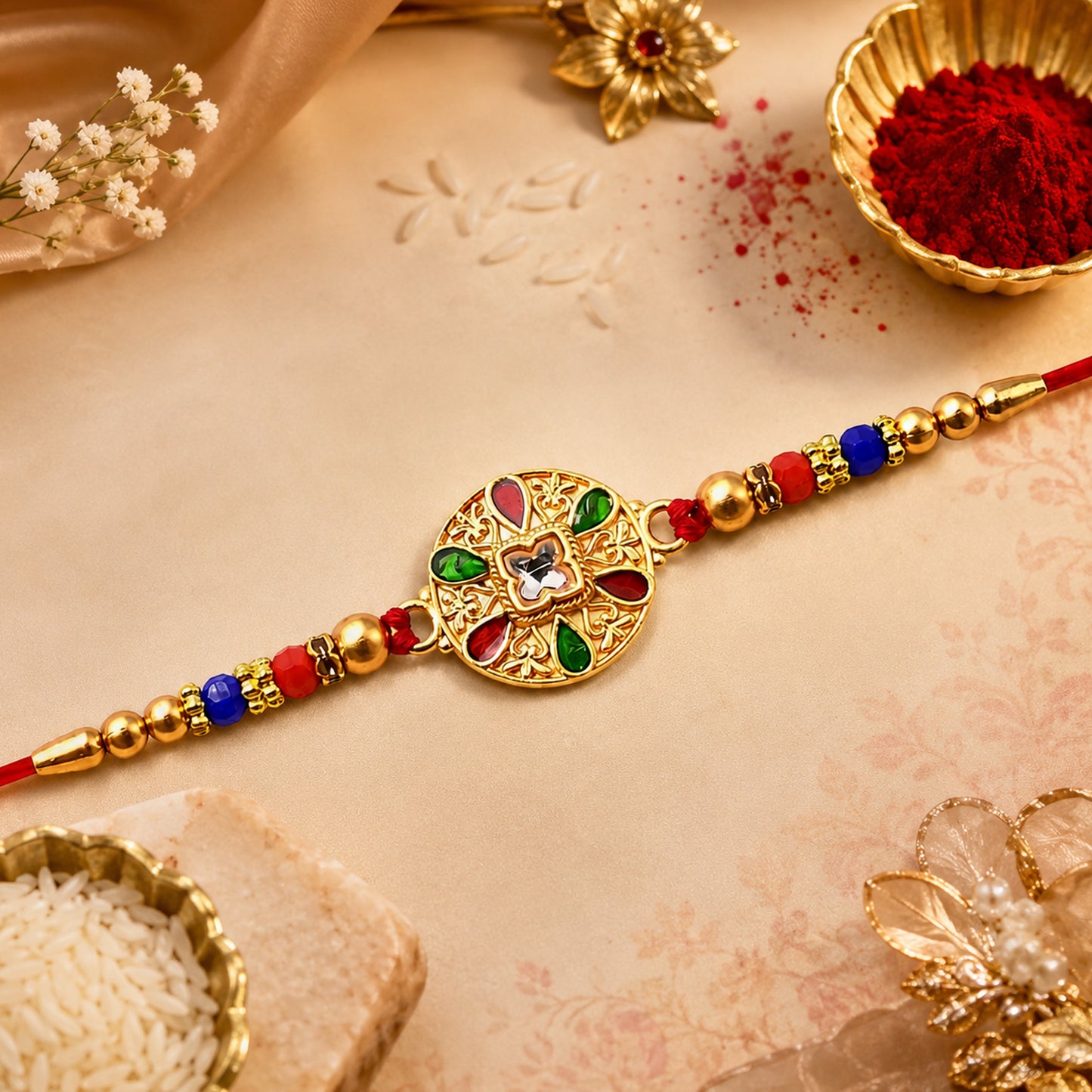 Traditional Meenakari Rakhi – Multicolor Enamel & Kundan Stones