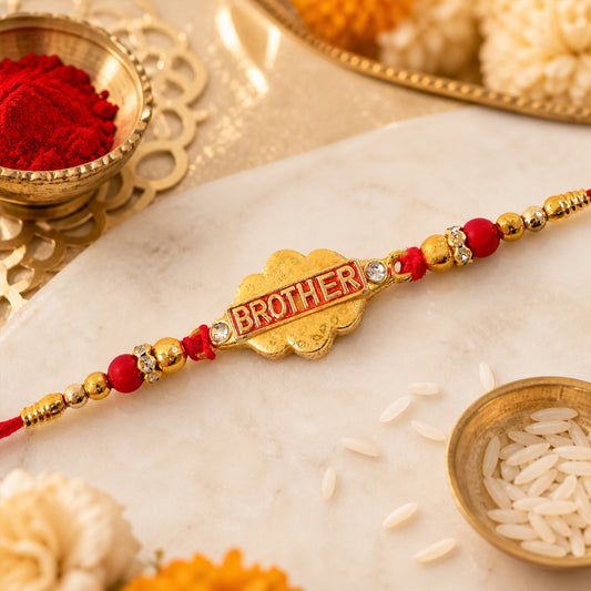 Golden Brother Enamel Charm Crystal Red Beads Rakhi for Brother