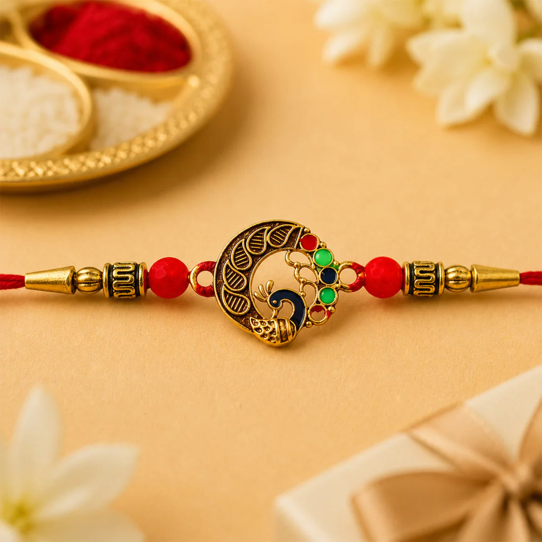 Close up of a traditional peacock design rakhi with intricate detailing.