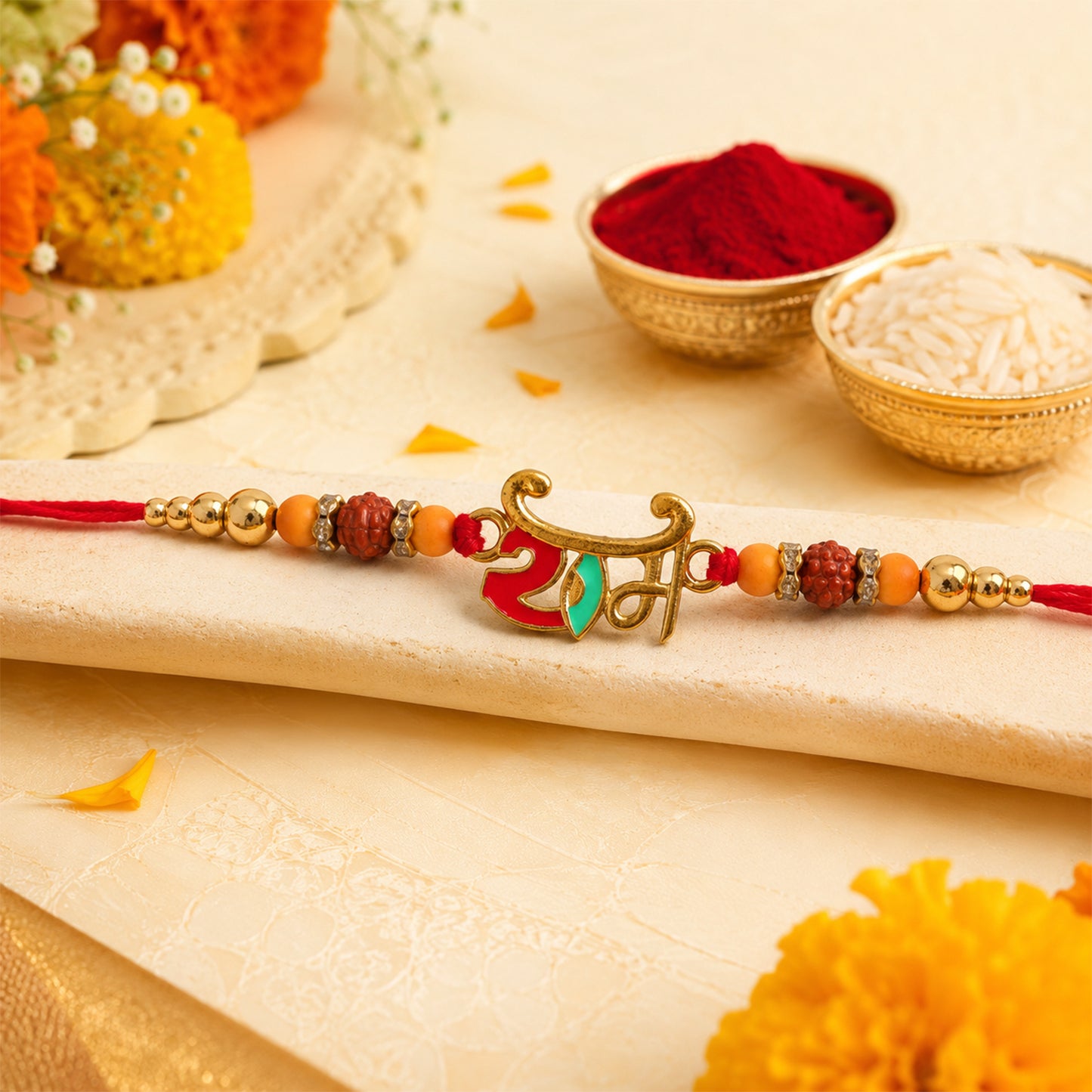 Ram Name Rakhi – Stylish Enamel Leaf Design for Raksha Bandhan