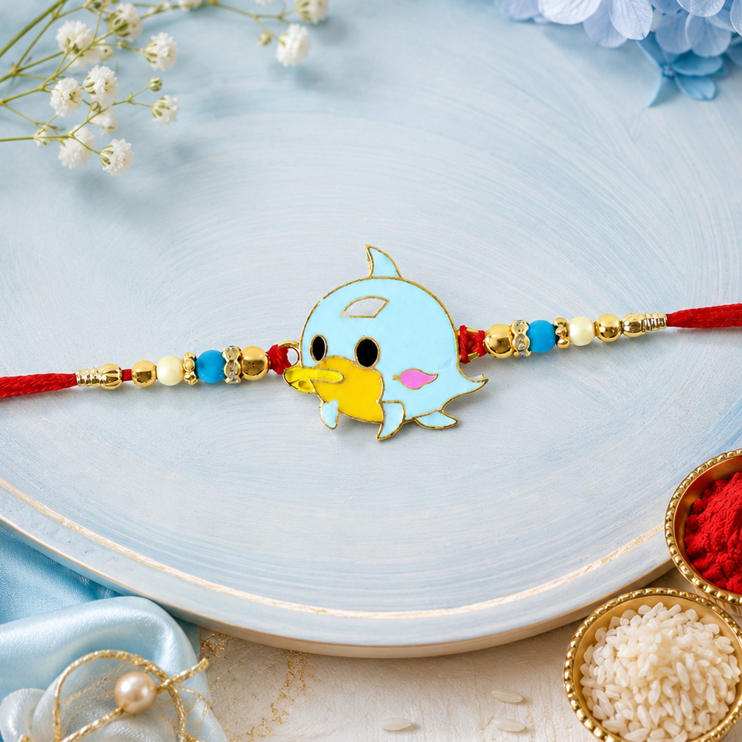 Another perspective of the designer Rakshabandhan Rakhi with vibrant threads.