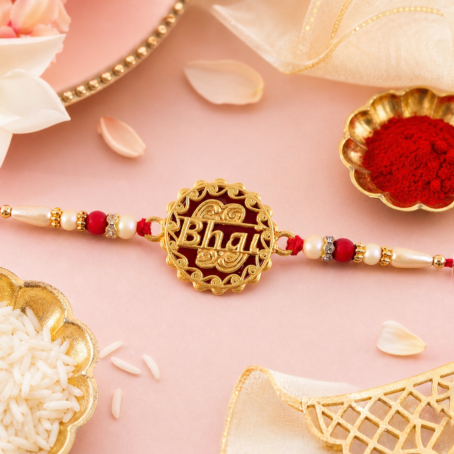 Swastik Rakhi – Golden Design with Red Beads & Thread