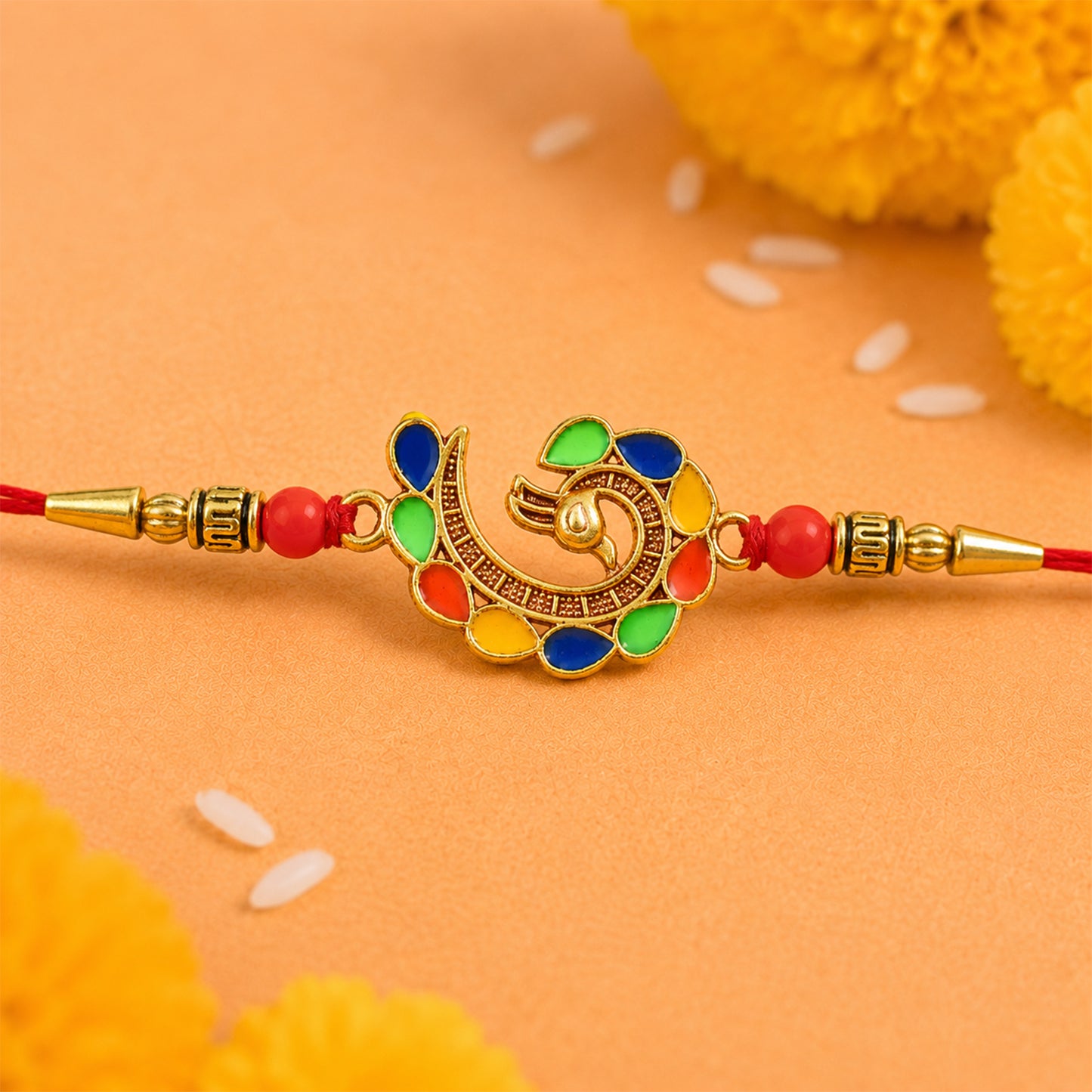 Peacock Rakhi, Elegant Symbol of Love for Brother in-use view for festive gifting