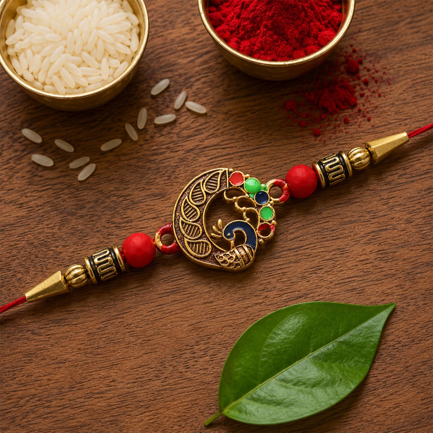 Peacock Design Rakhi, Elegant Round Traditional Rakhi close-up detail for festive gifting