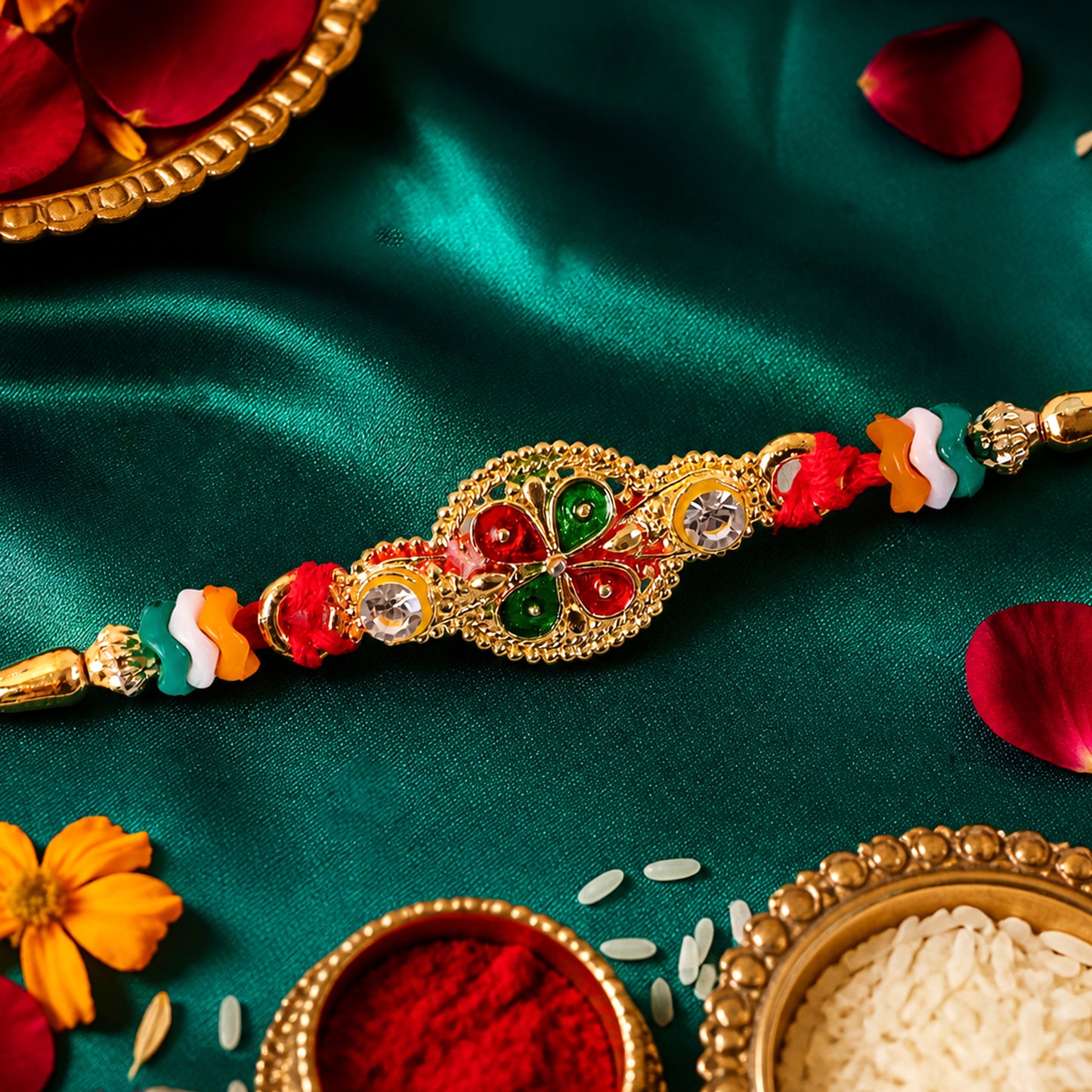 Floral Leaf Motif Beaded Rakhi with Pearl Accent Center Design