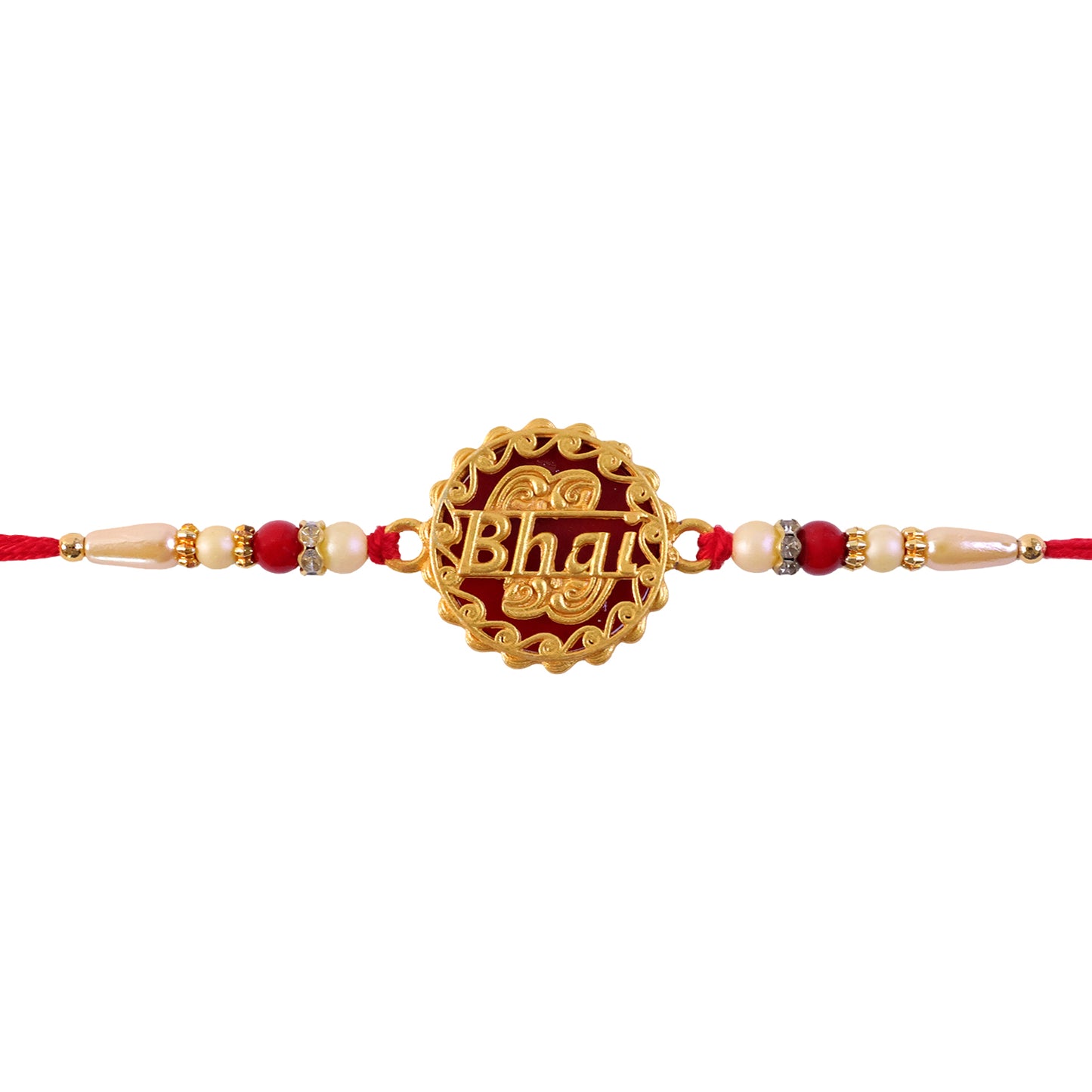 Swastik Rakhi – Golden Design with Red Beads & Thread