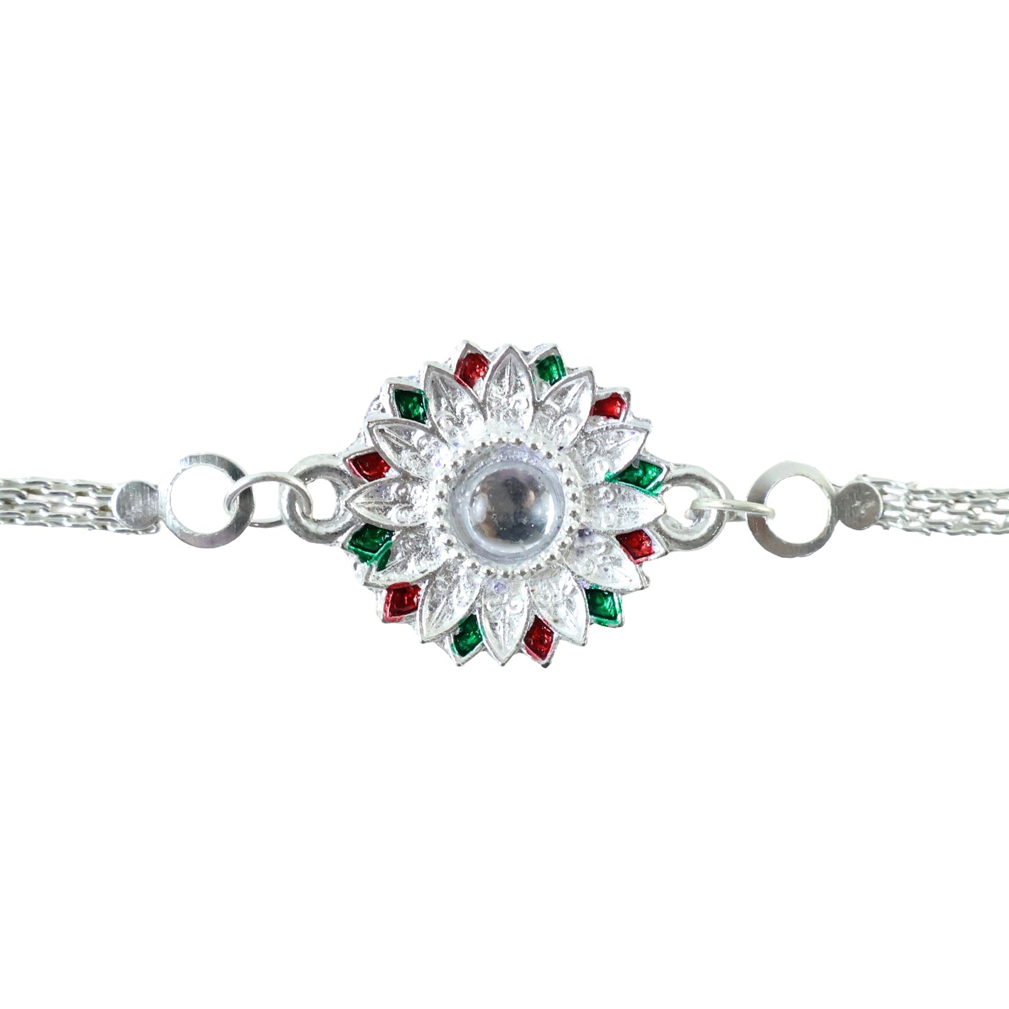 Designer Floral Silver Rakhi with Stone Centerpiece for Brother
