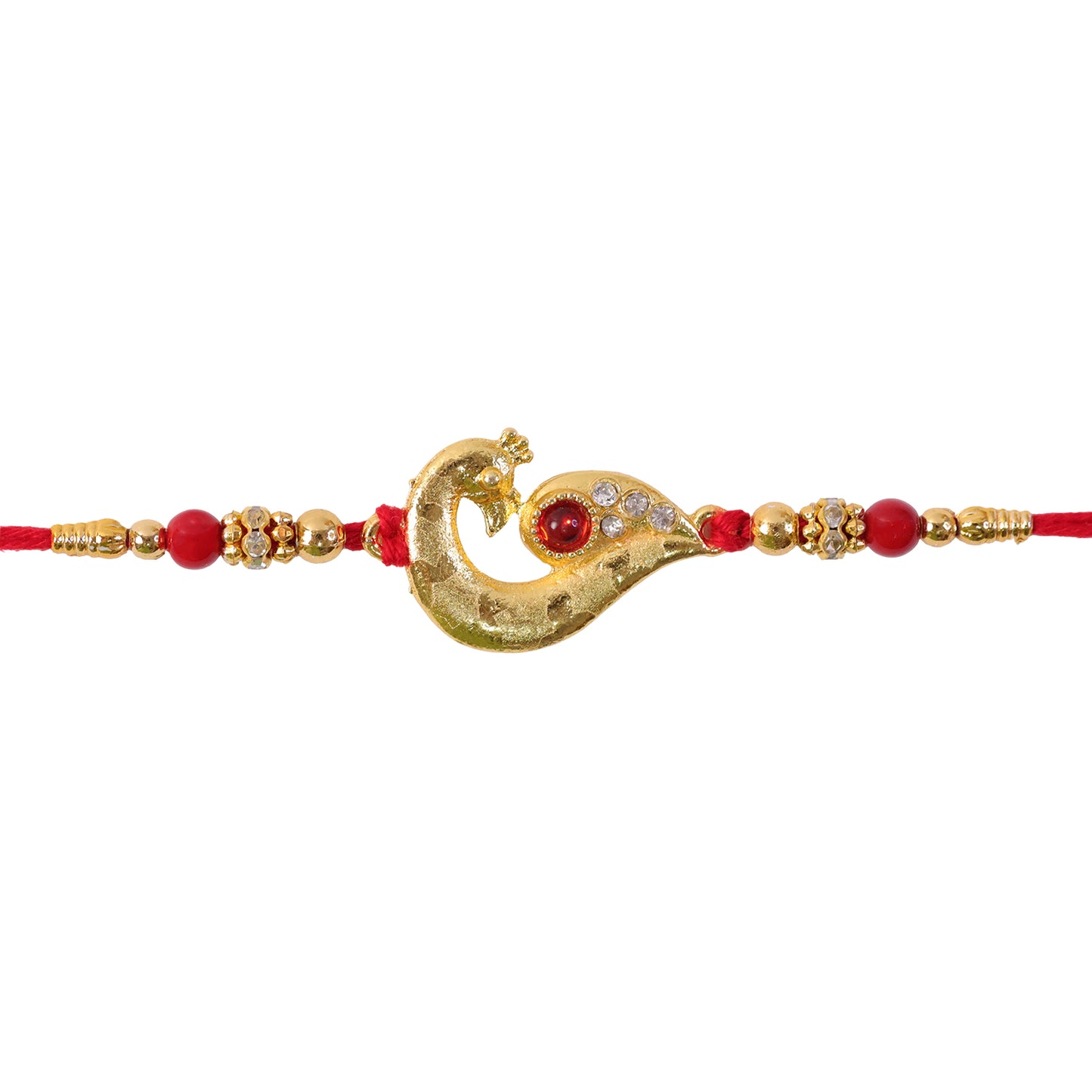 Peacock Feather Rakhi – Golden & Kundan Detailed Red Thread