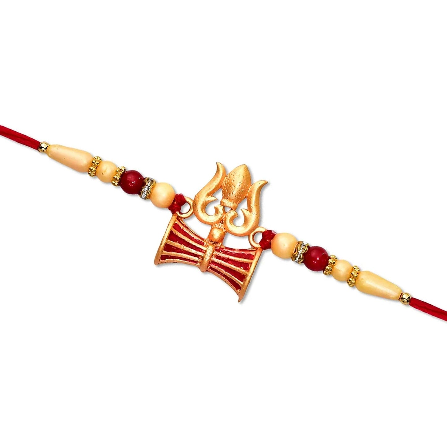 A gold Trishul and Damaru rakhi with red and cream beads on a red thread, isolated on a white background.