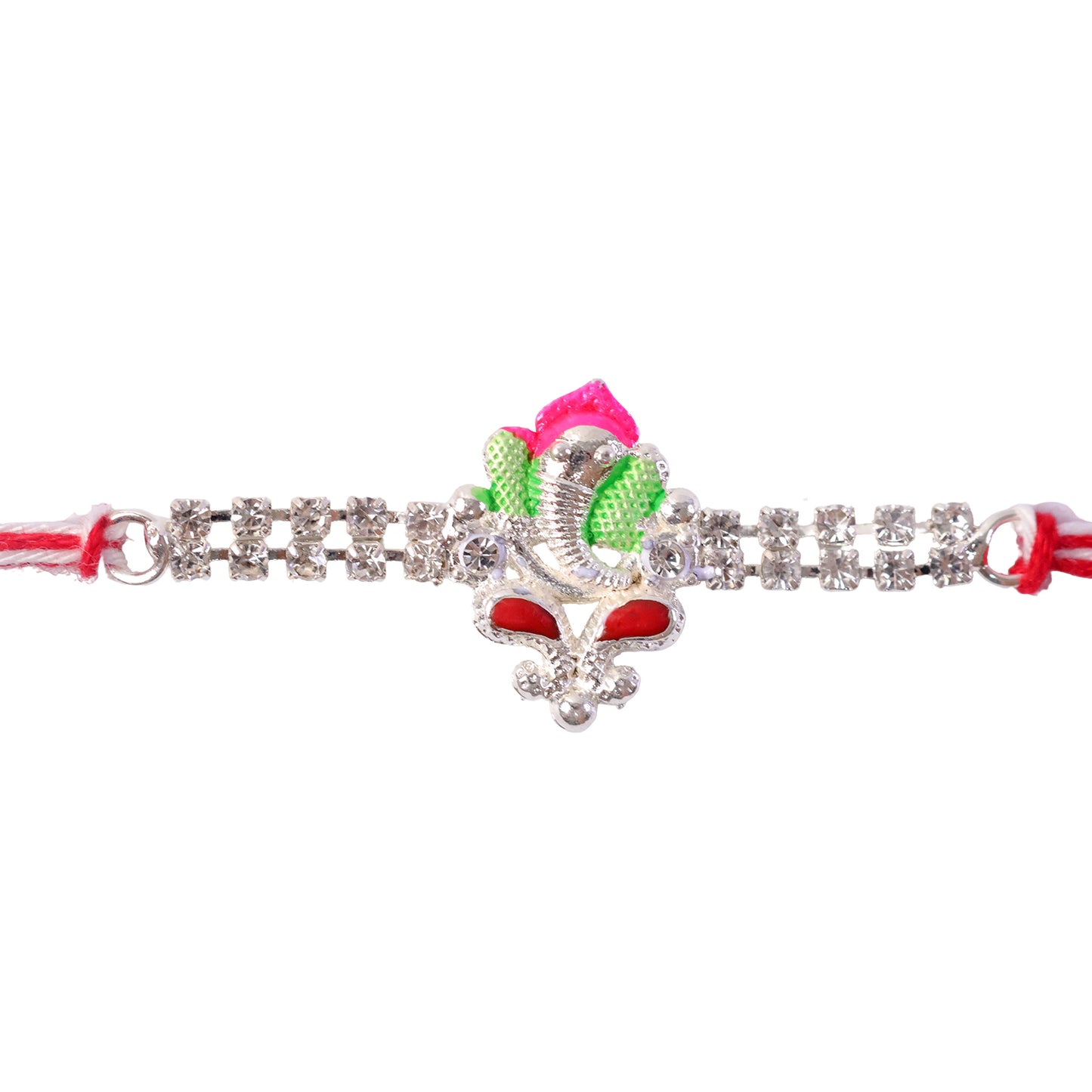 Silver-Toned Lord Ganesha Rakhi with Pink-Green Enamel, Double Crystal Chain & Red-White Thread