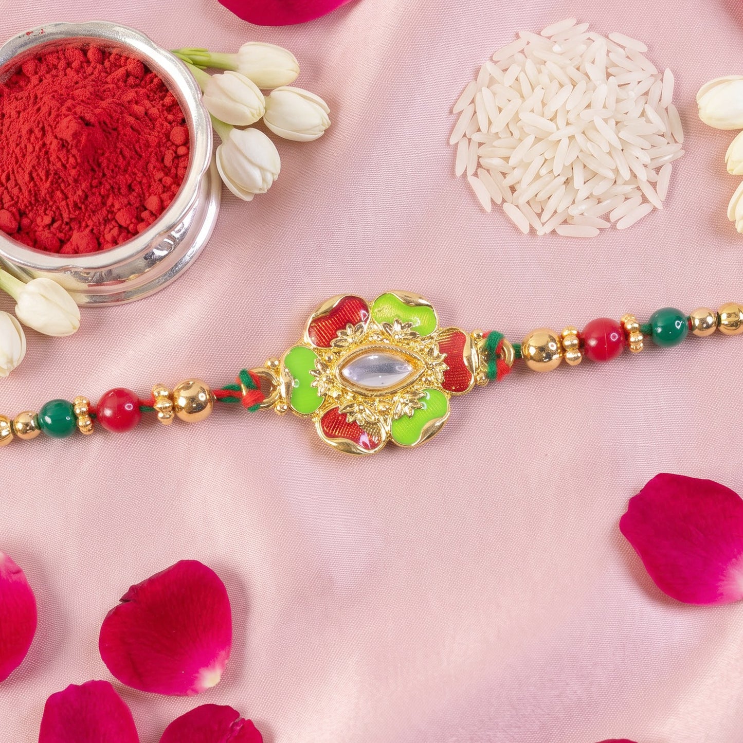 Green and Red Floral Kundan Mirror Pendant Rakhi with Multicolor Beads