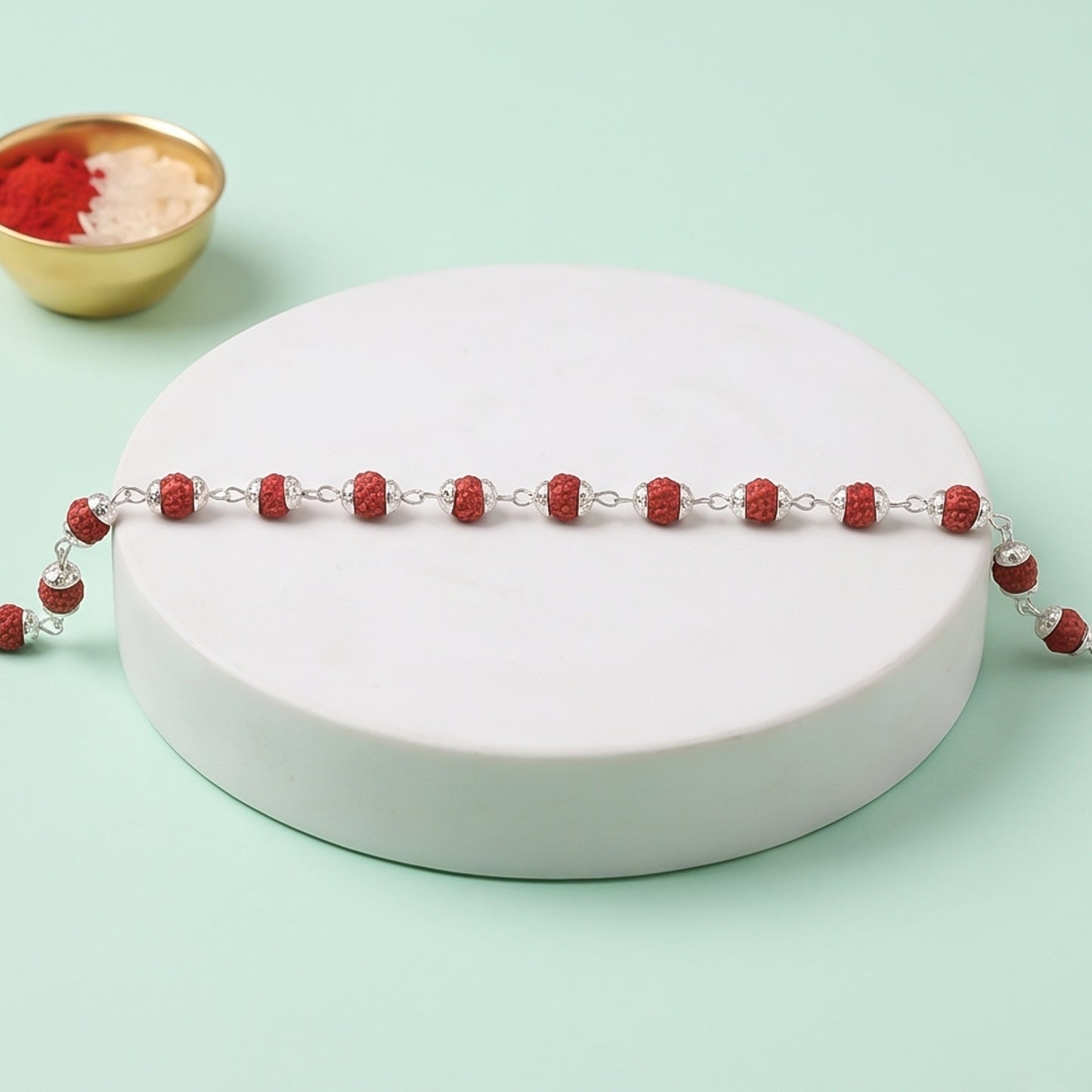 Rudraksha Bead Bracelet Rakhi, Silver-Plated Cap Beads Rakhi for Brother (1 Pc)