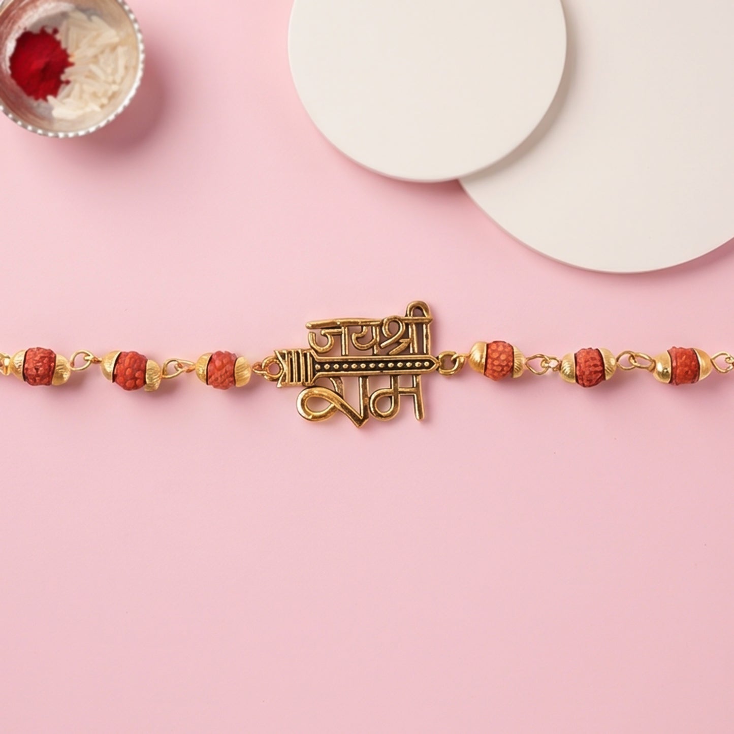 Jai Shree Ram Rudraksha Rakhi, Golden Arrow Pendant Beaded Rakhi for Brother (1 Pc)