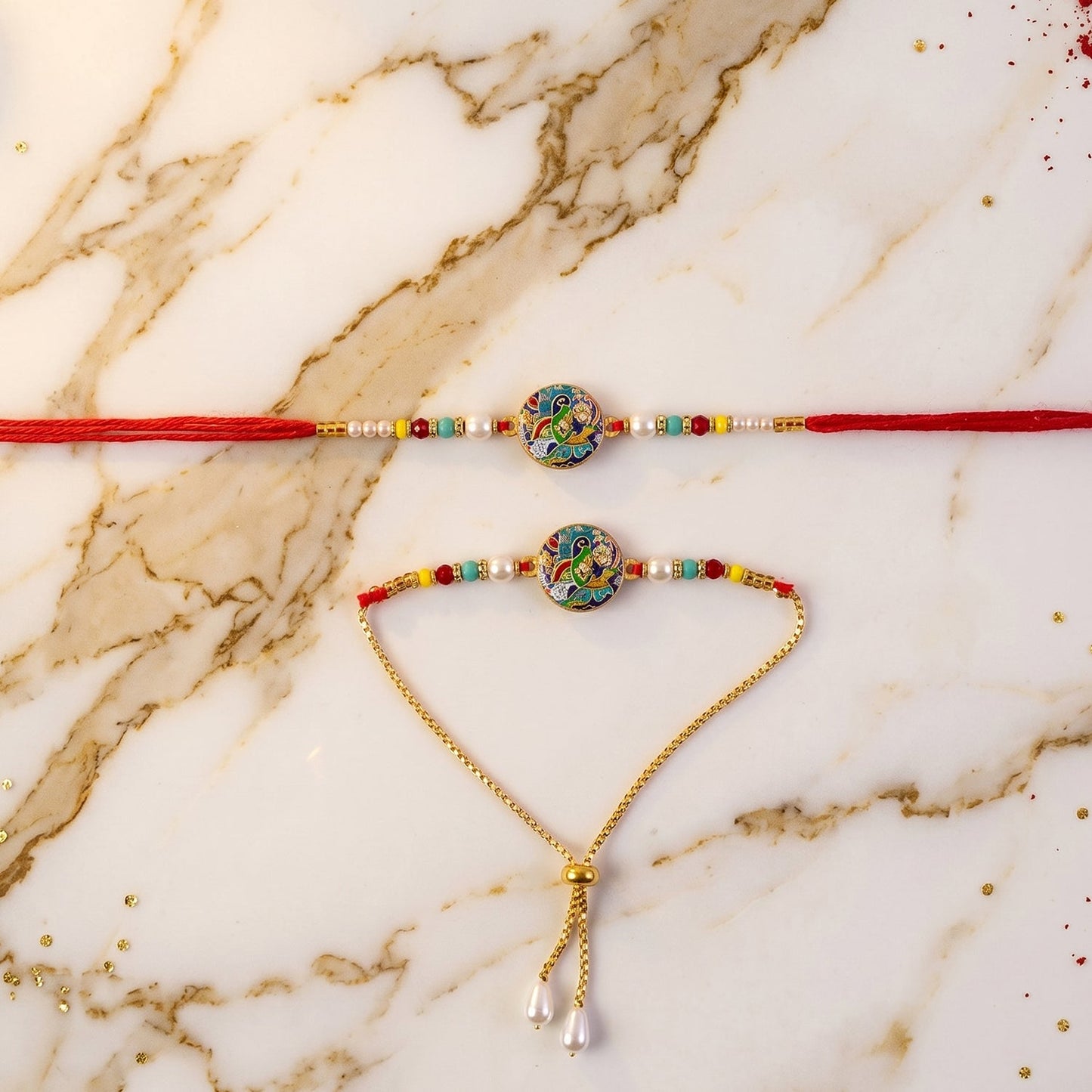 Decorative pearl beads on Rakhi thread