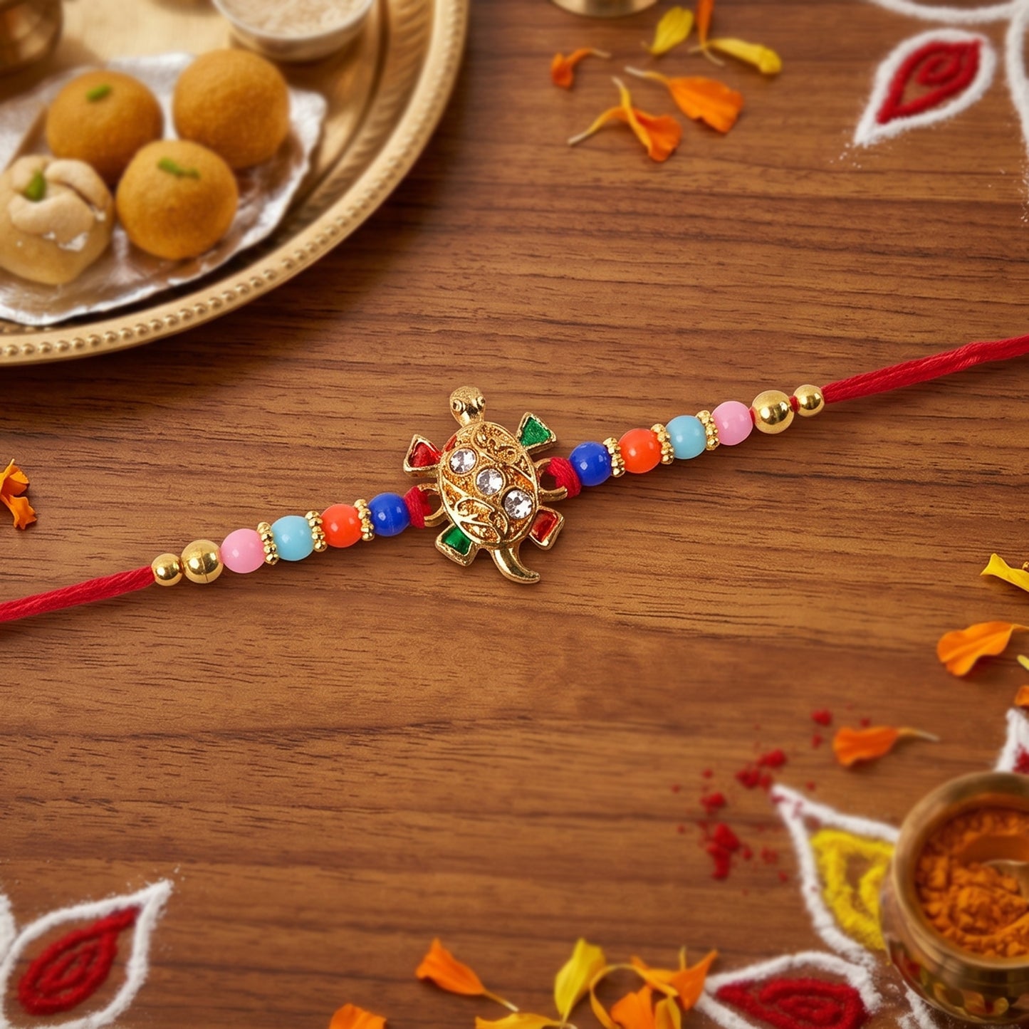 Close-up of turtle motif on Cute Turtle Design Rakhi