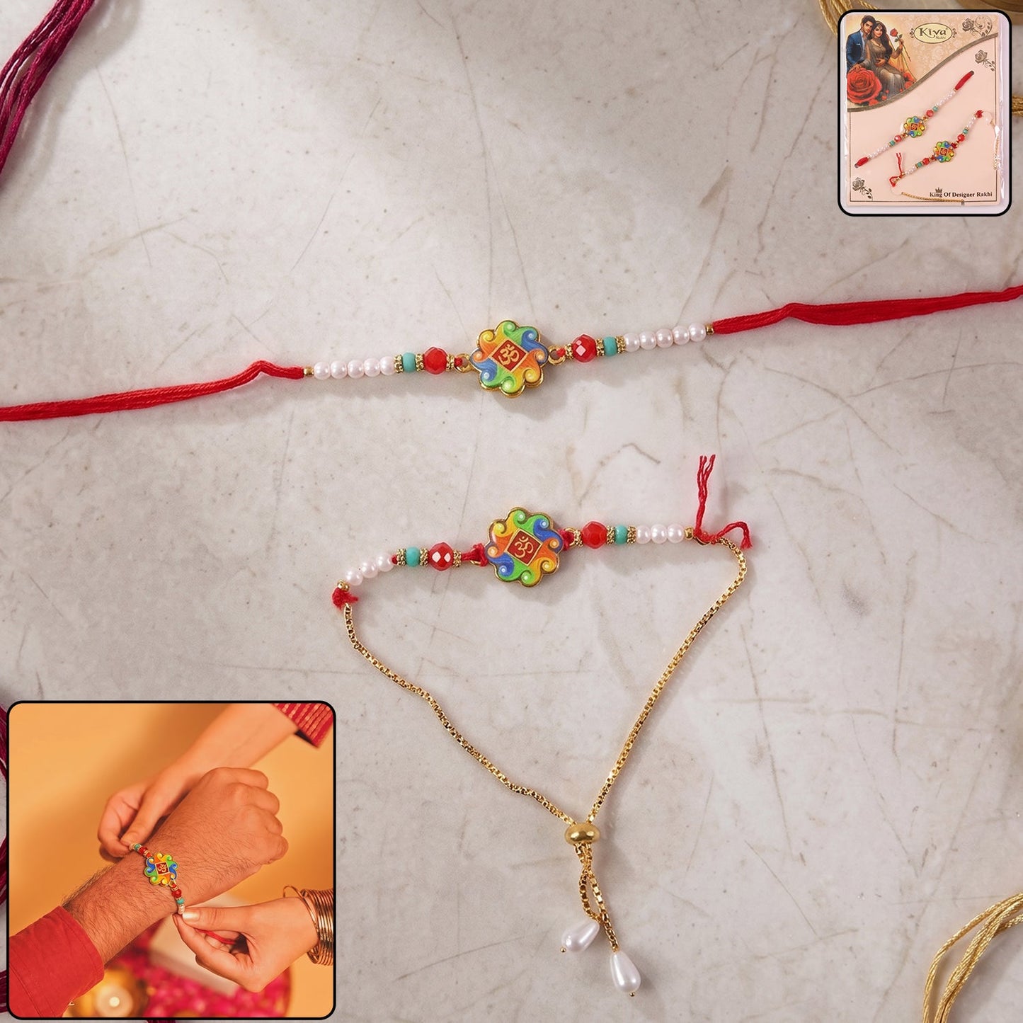 Om Symbol Designer Rakhi with Pearl Beads close-up