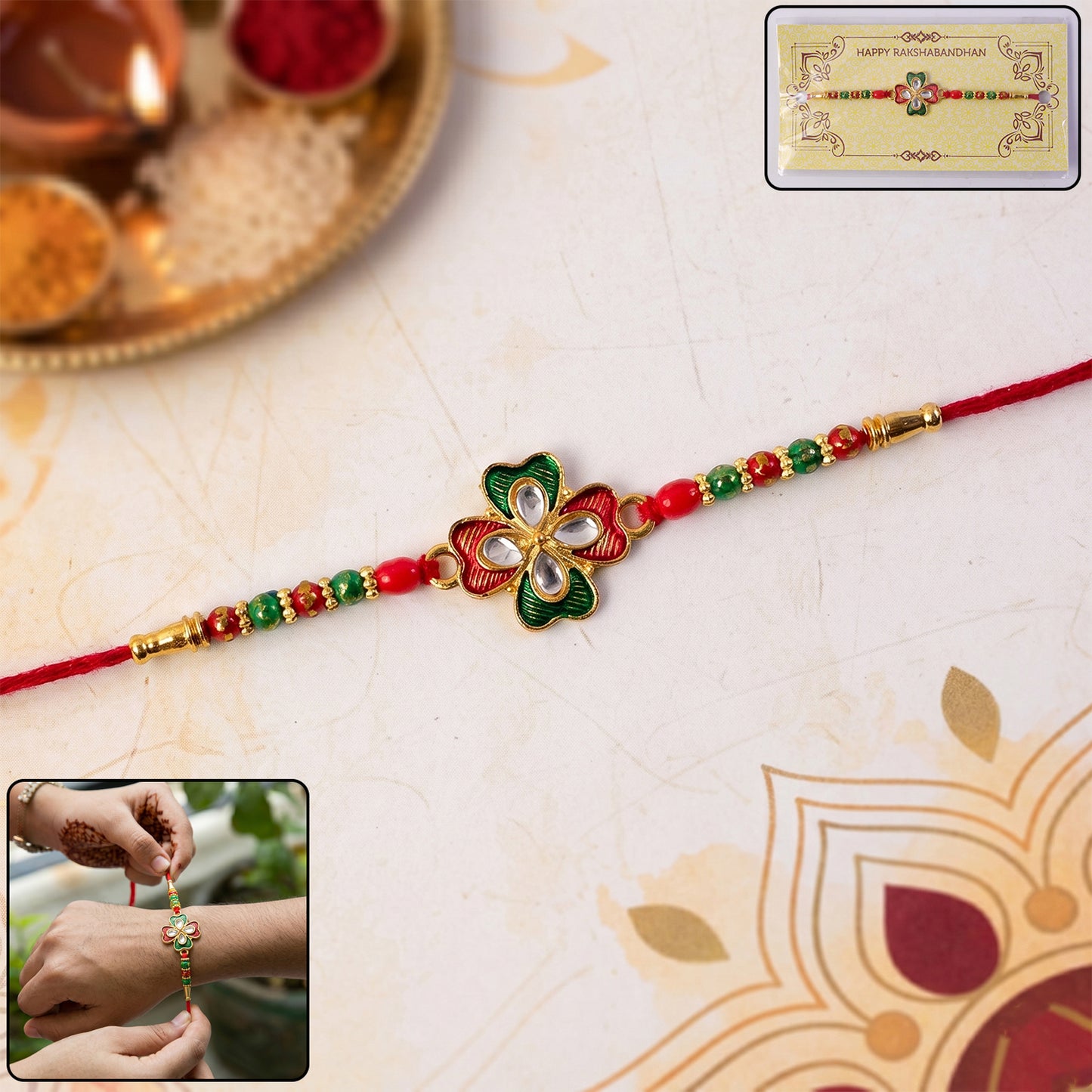Close-up view of floral designer rakhi with stone centerpiece and beads