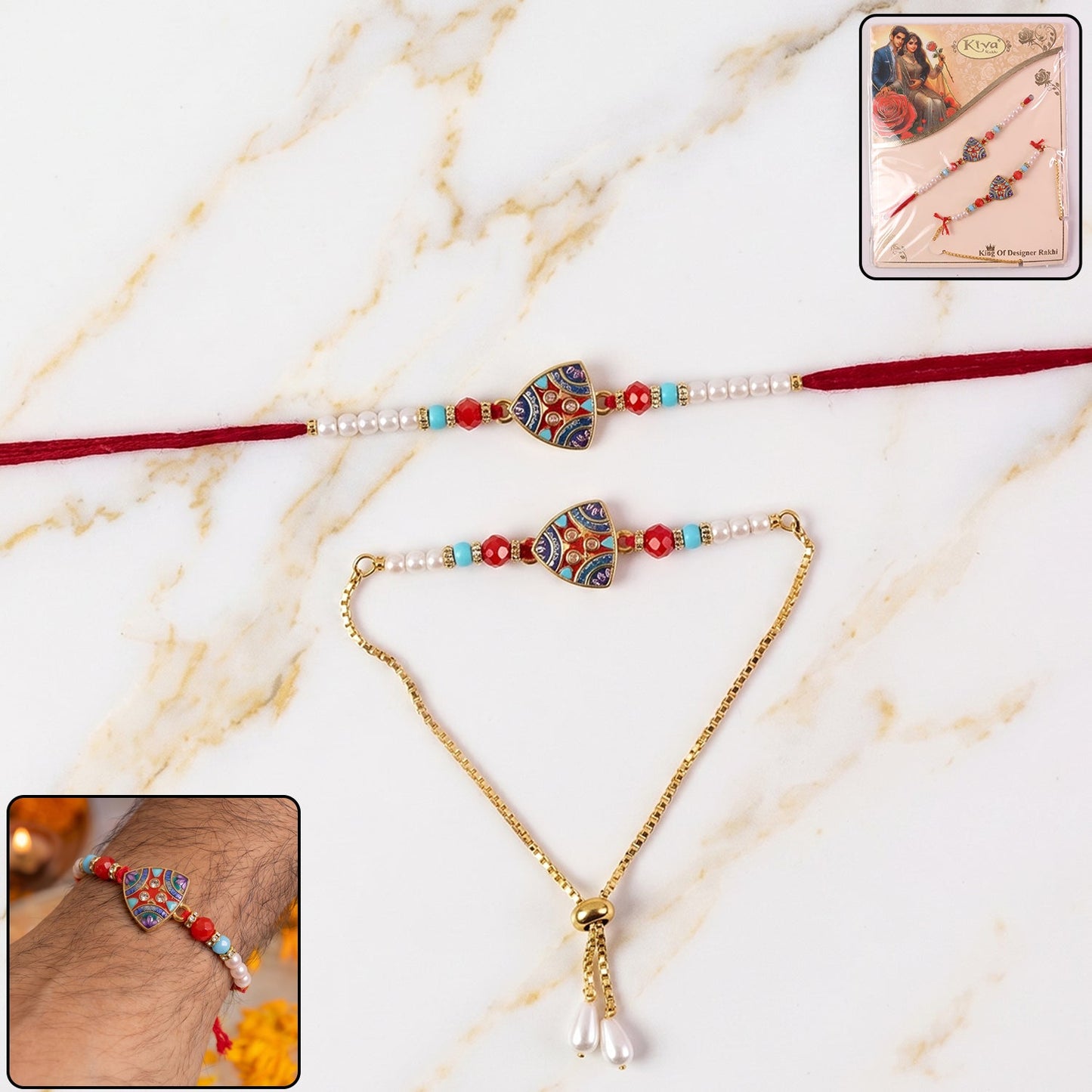 Designer Triangle Shape Rakhi with Pearl Beads front view