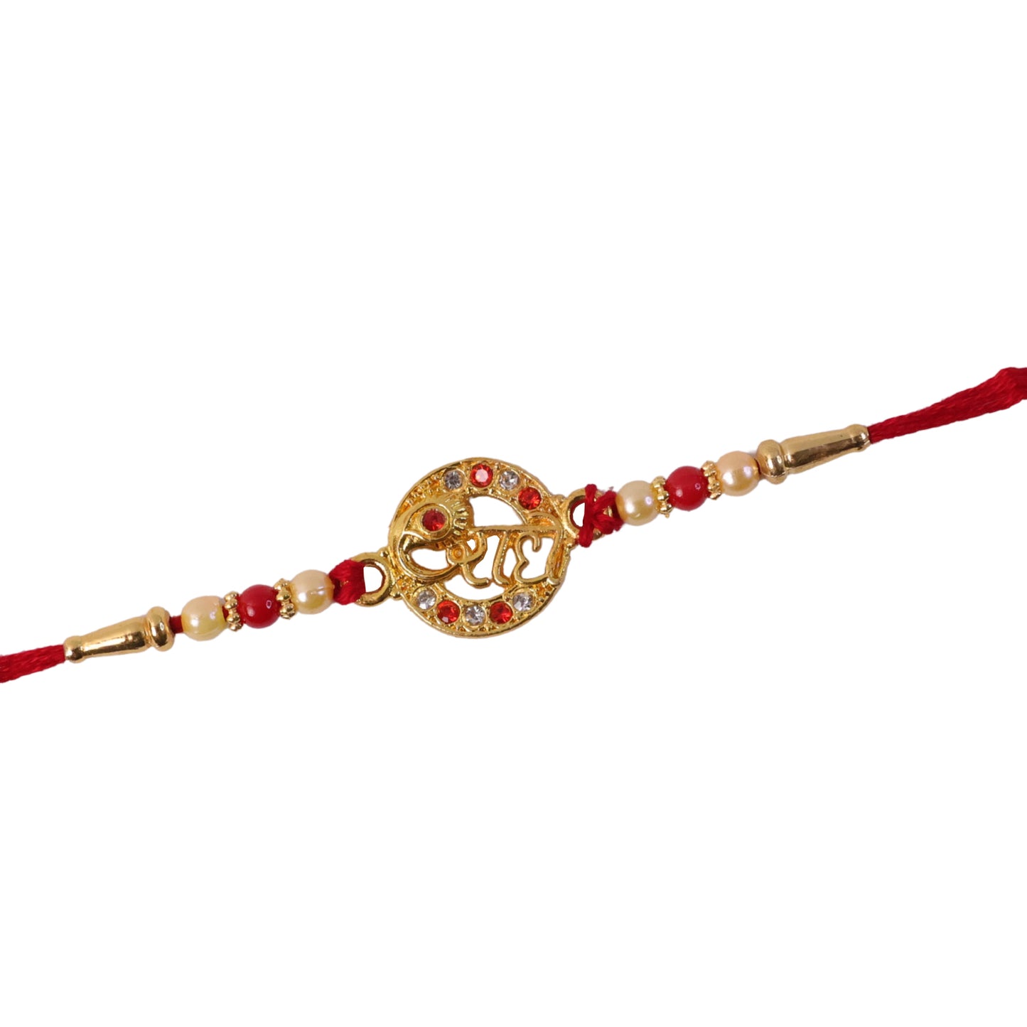 Top view of stone studded Radhe name rakhi