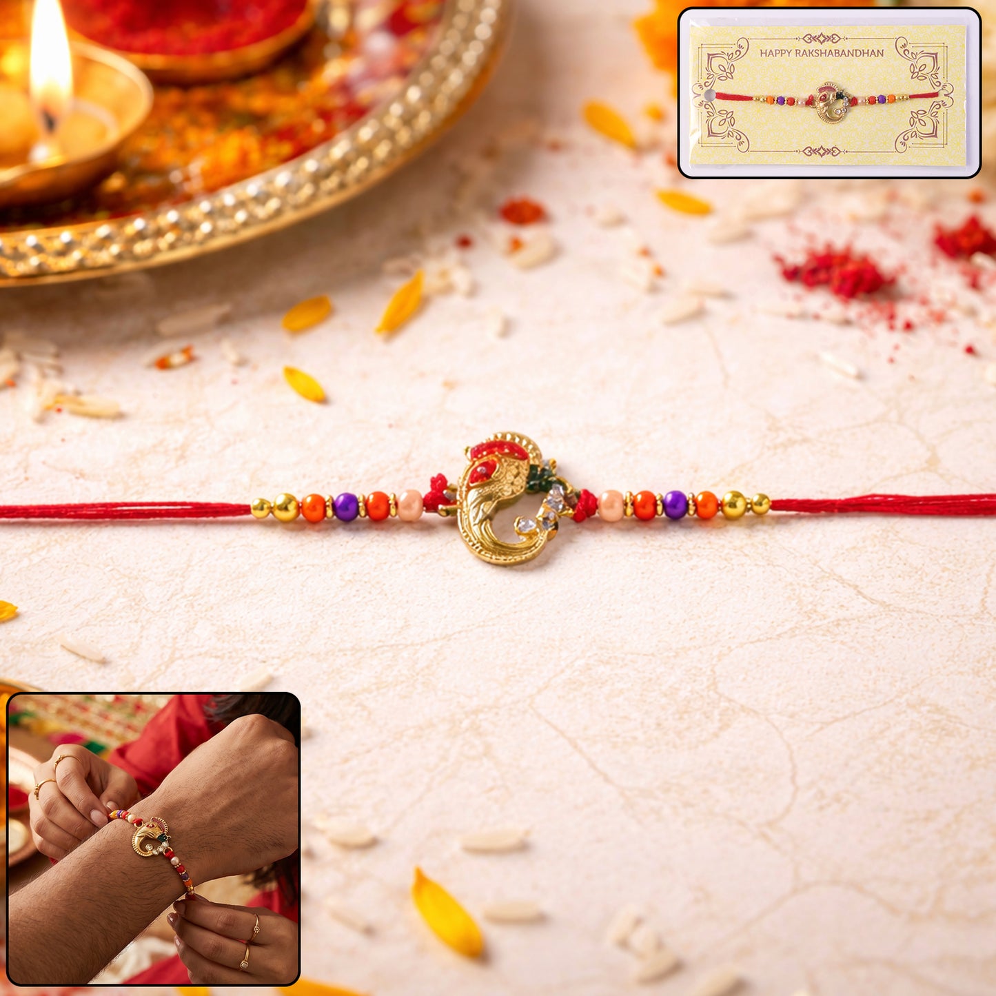 Designer rakhi with traditional thread and decorative beads