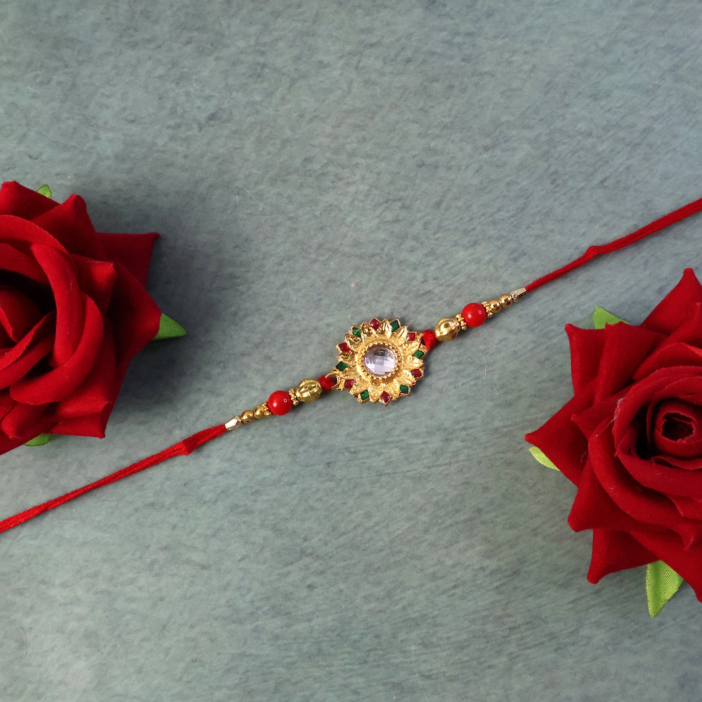 Top view of Veera Ki Rakhi showing detailed beadwork