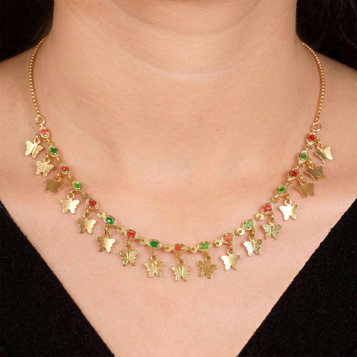 Gold Charm Necklace with Colorful Stones & Butterfly Drops
