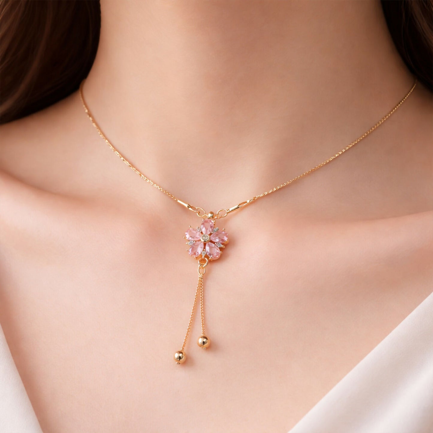 Close-up of pink floral crystal pendant with sparkling centerpiece and gold chain