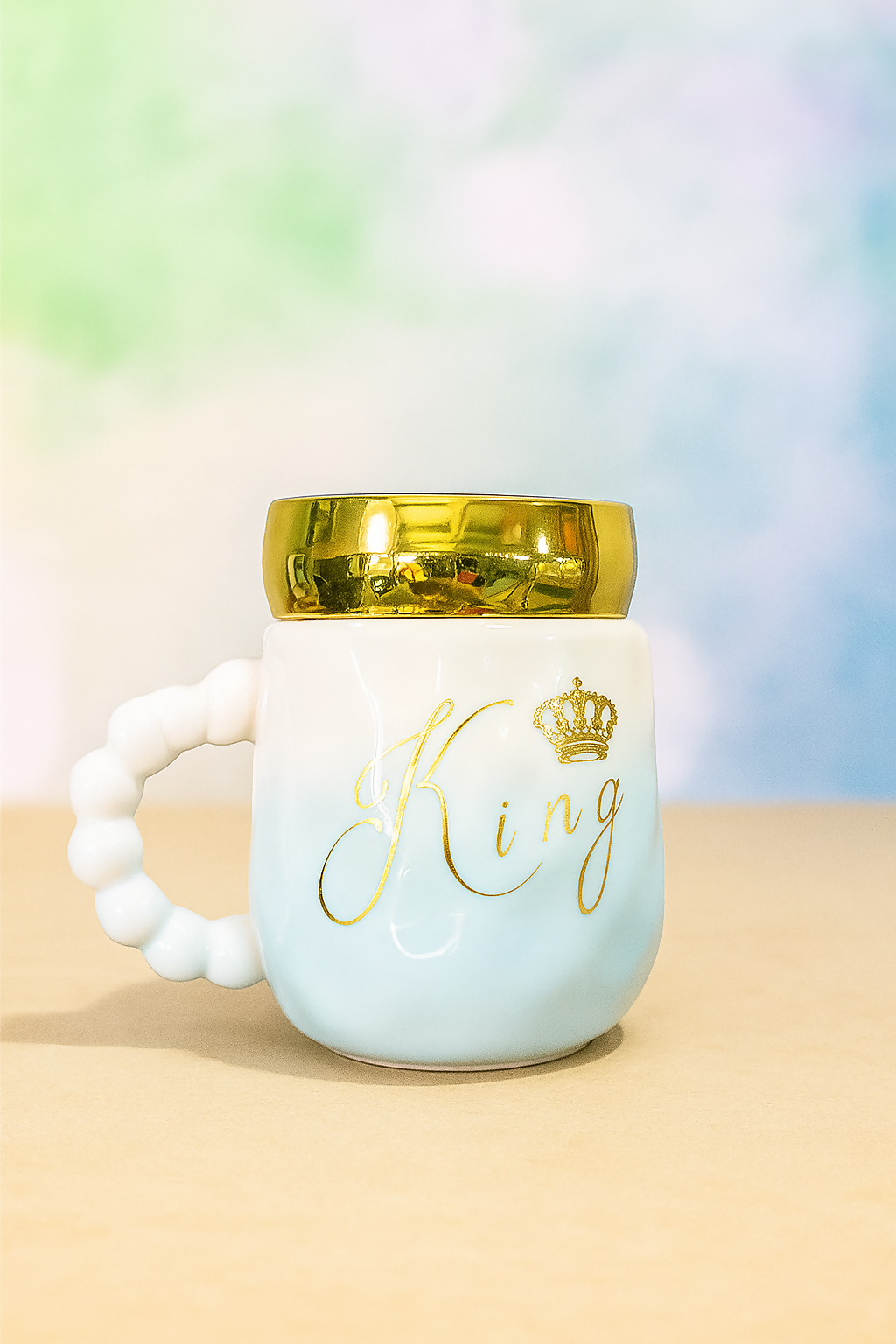 Luxury White Ceramic Coffee Mug with Golden Lid – "King" Printed Cup with Beaded Handle – Elegant Royal Design for Tea, Coffee & Gifting – Premium Glossy Finish Ceramic Mug for Men