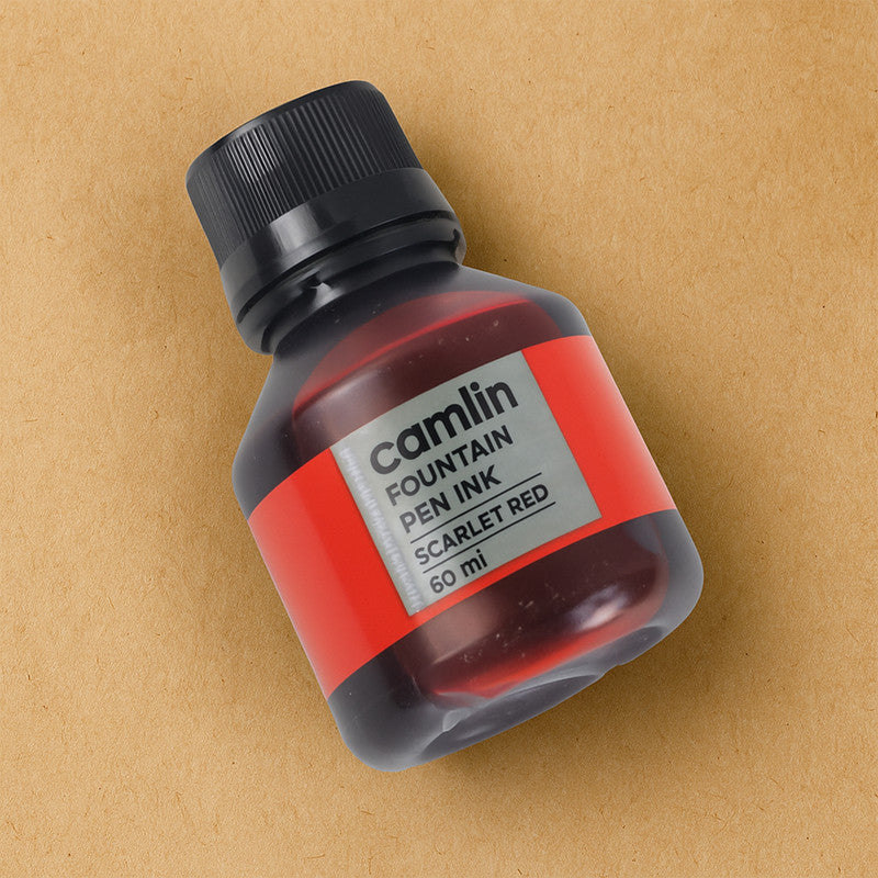 Camlin Scarlet Red Fountain Pen Ink – Smooth Flow Writing Ink for Office & School Use – 60 ml Bottle