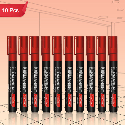 Refillable Permanent Marker Pens Red Ink (10 Pcs) – Bullet Tip, Multi-Surface