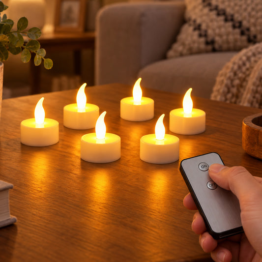 Six white LED flameless candles glowing on a wooden table with a hand holding a remote control.