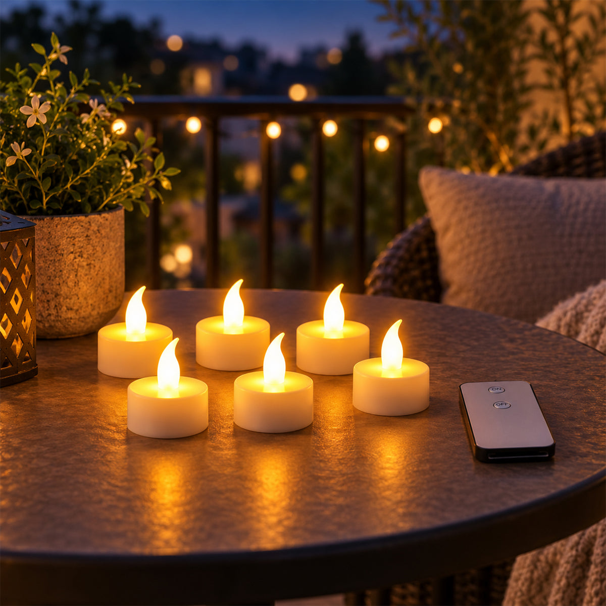 Six white LED flameless candles glowing on an outdoor patio table at dusk with string lights in the background.