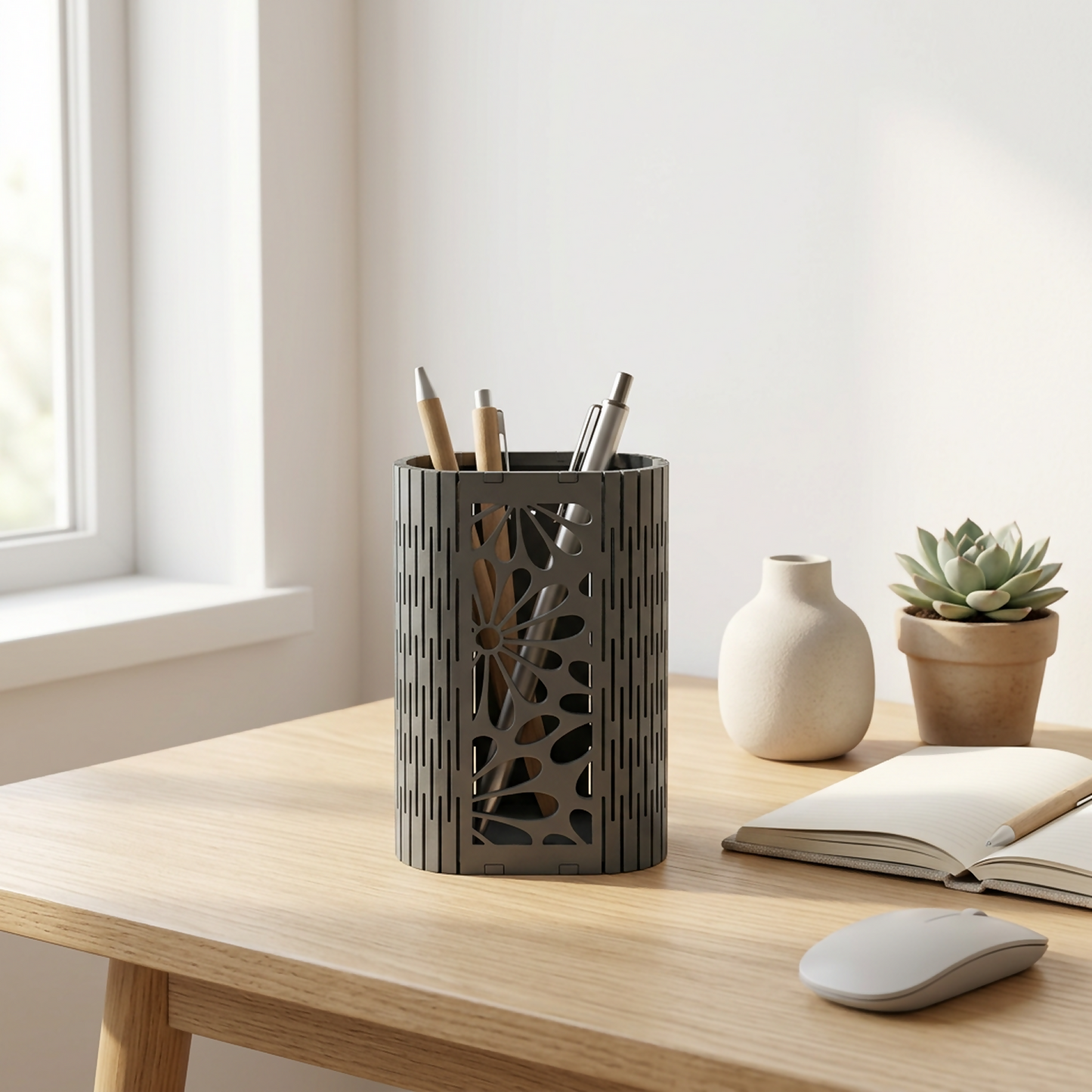 Floral Mesh Pen Holder showcasing its intricate laser-cut design on a clean desk.
