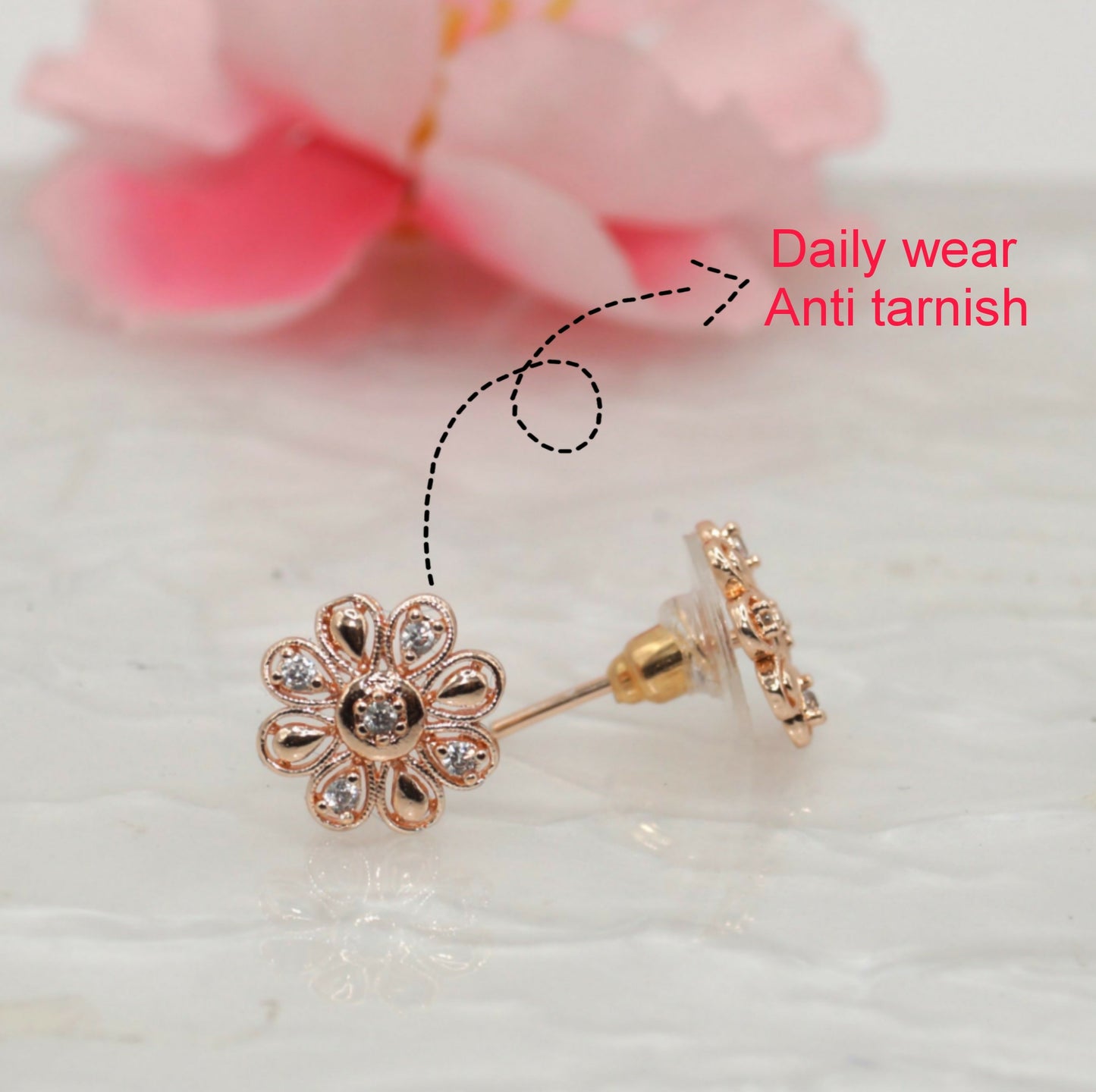Rose Gold Diamond Flower Stud Earrings for women and girls