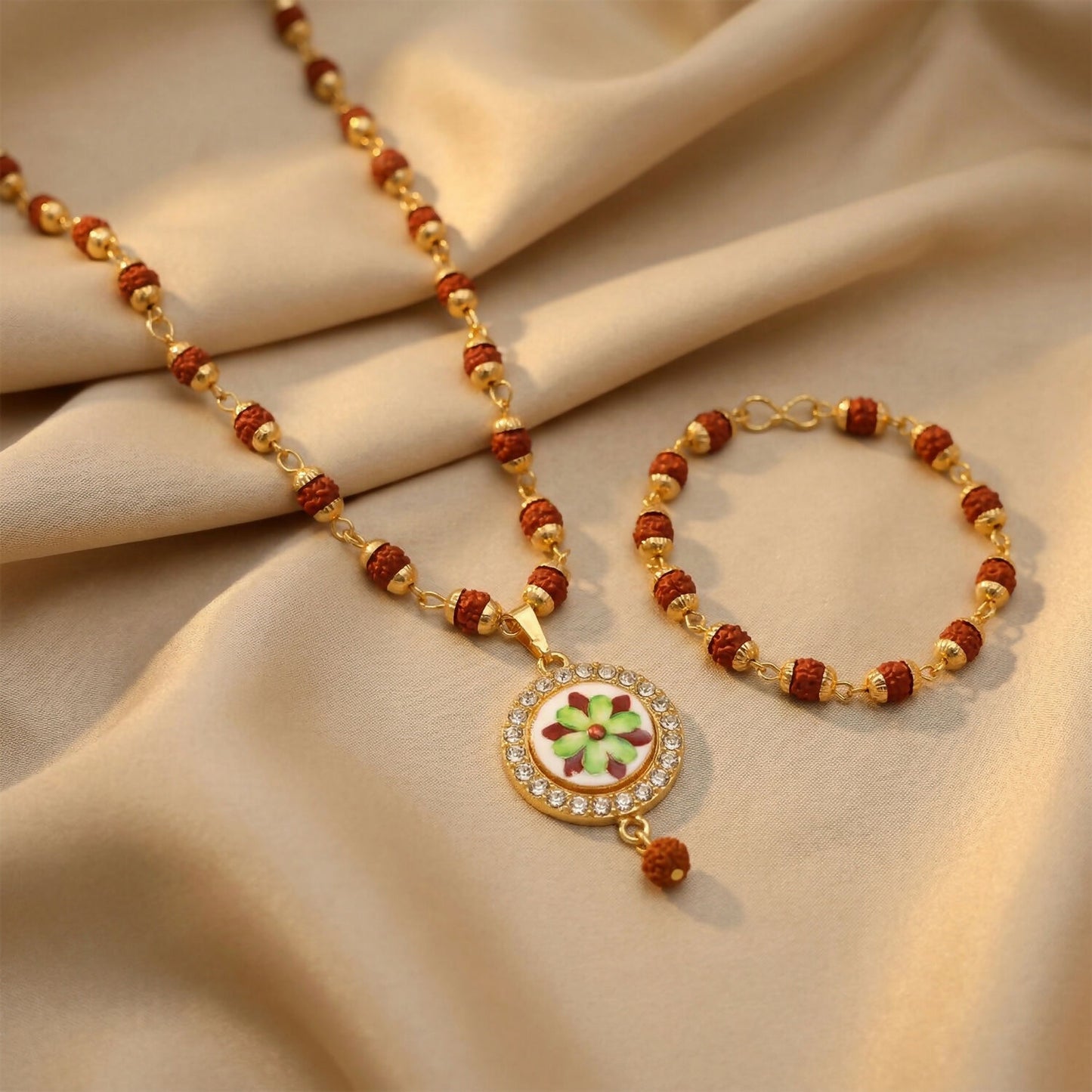 Rudraksha Necklace & Bracelet Set with Floral Pendant